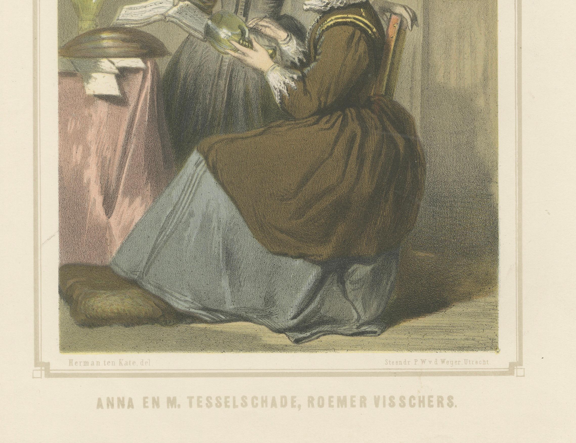 Anna and Maria Tesselschade Visscher – 19th-Century Hand-Colored Lithograph In Good Condition For Sale In Langweer, NL