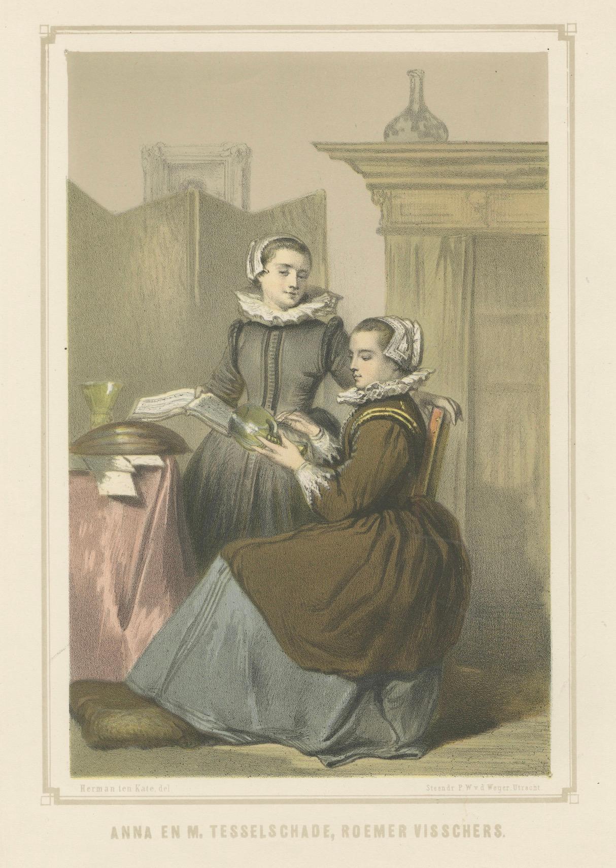 Paper Anna and Maria Tesselschade Visscher – 19th-Century Hand-Colored Lithograph For Sale