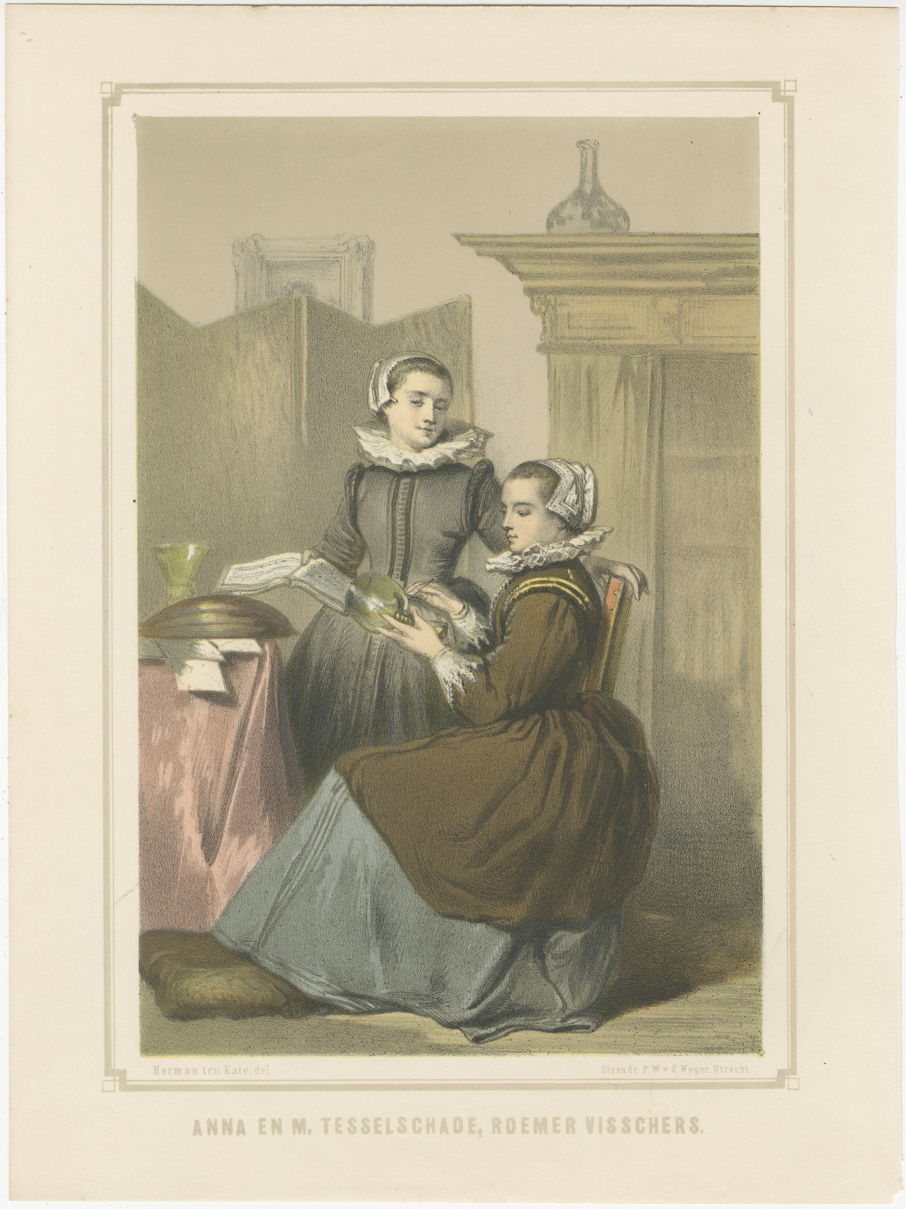 Anna and Maria Tesselschade Visscher – 19th-Century Hand-Colored Lithograph For Sale 4