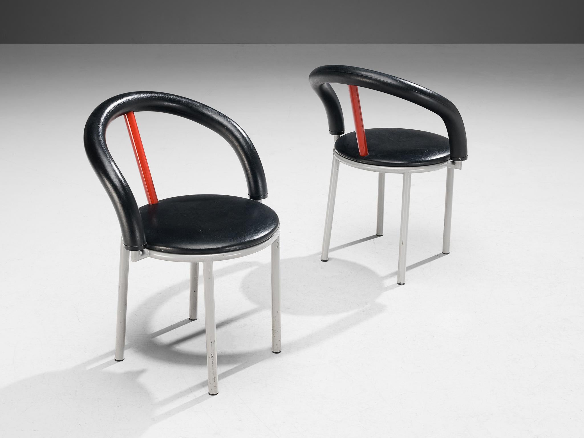 Anna Anselmi for Bieffeplast, pair of 'Alpha' dining chairs, rubber, lacquered metal, Italy, 1985

These armchairs are characterized by an unusual aesthetics that are created during the postmodern era in Italy. The backrest smoothly runs over into