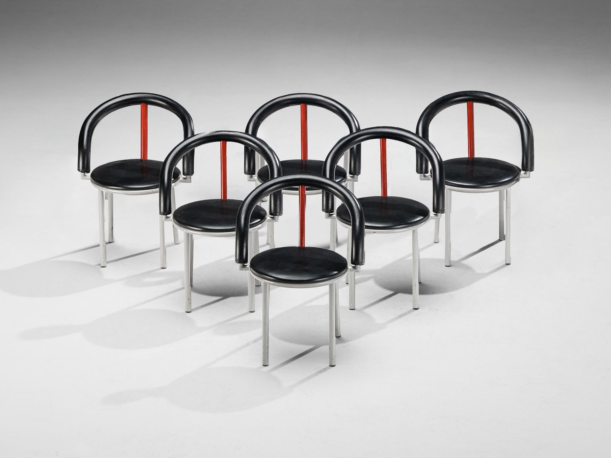 Anna Anselmi for Bieffeplast, set of  six 'Alpha' dining chairs, rubber, lacquered metal, Italy, 1985

These armchairs are characterized by an unusual aesthetics that are created during the postmodern era in Italy. The backrest smoothly runs over