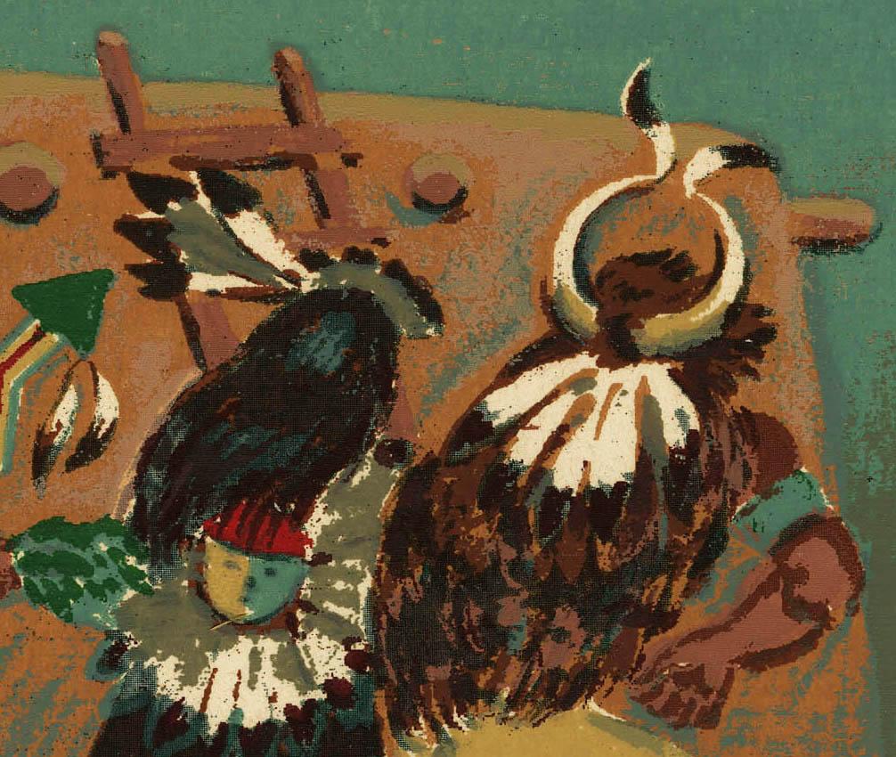 Buffalo Dance
Screen print, c. 1945
Signed and titled in pencil by the artist (see photos)
The Buffalo Dance is a ceremonial dance performed by Native American tribes in the North American Plains. It was traditionally performed around the time when