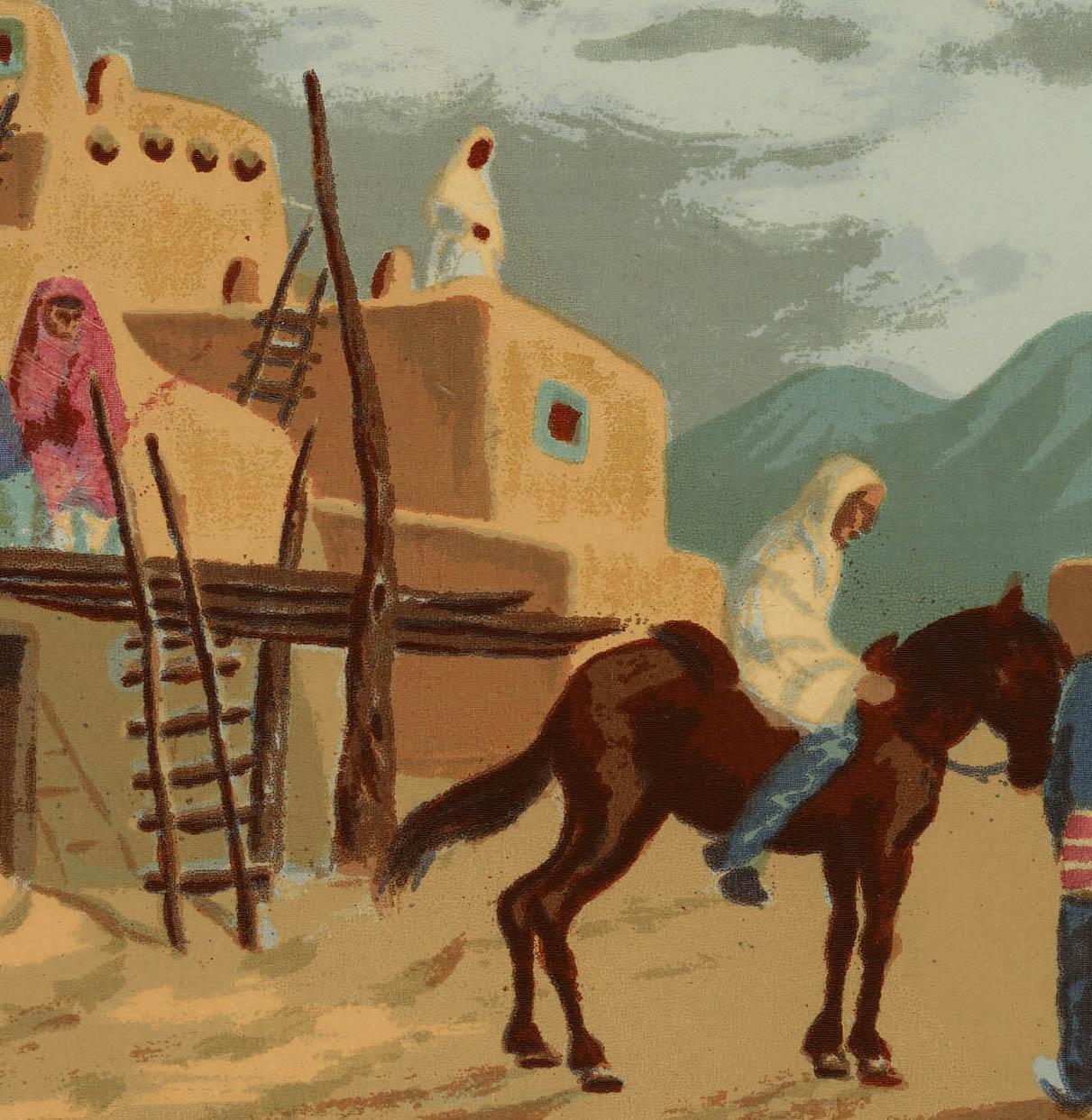 Taos Pueblo
Serigrafía en colores, c. 1945
Firmado y titulado a lápiz por el artista
Impreso en Taos
Taos es la ciudad/pueblo continuamente habitado más antiguo de Norteamérica.
¿Qué edad tiene taos pueblo?
La gente de Taos Pueblo tiene una historia