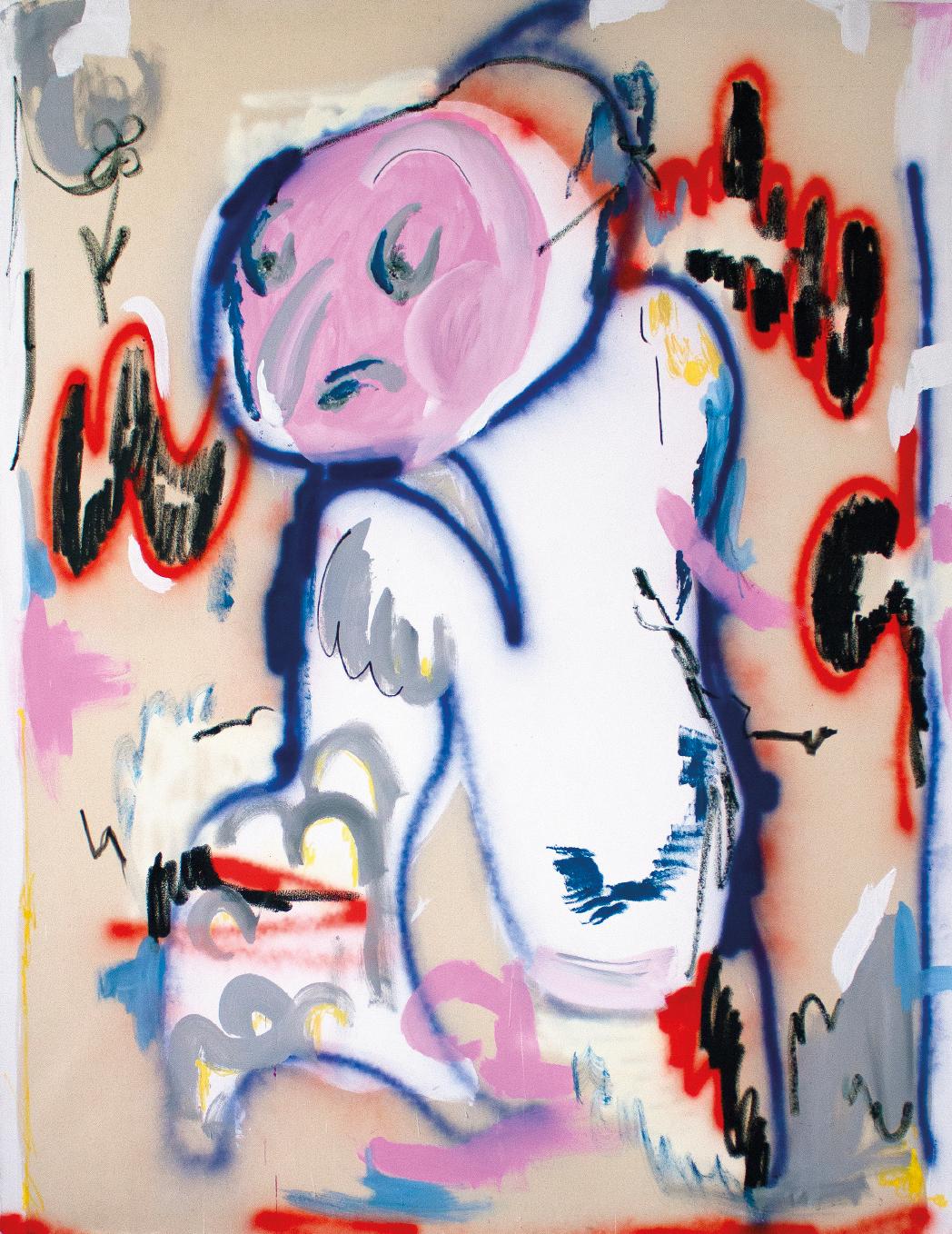 Anna Beil  Figurative Painting - ghosting, spray, acrylic paint, chalk, on canvas,  200 x 150 cm, 2021