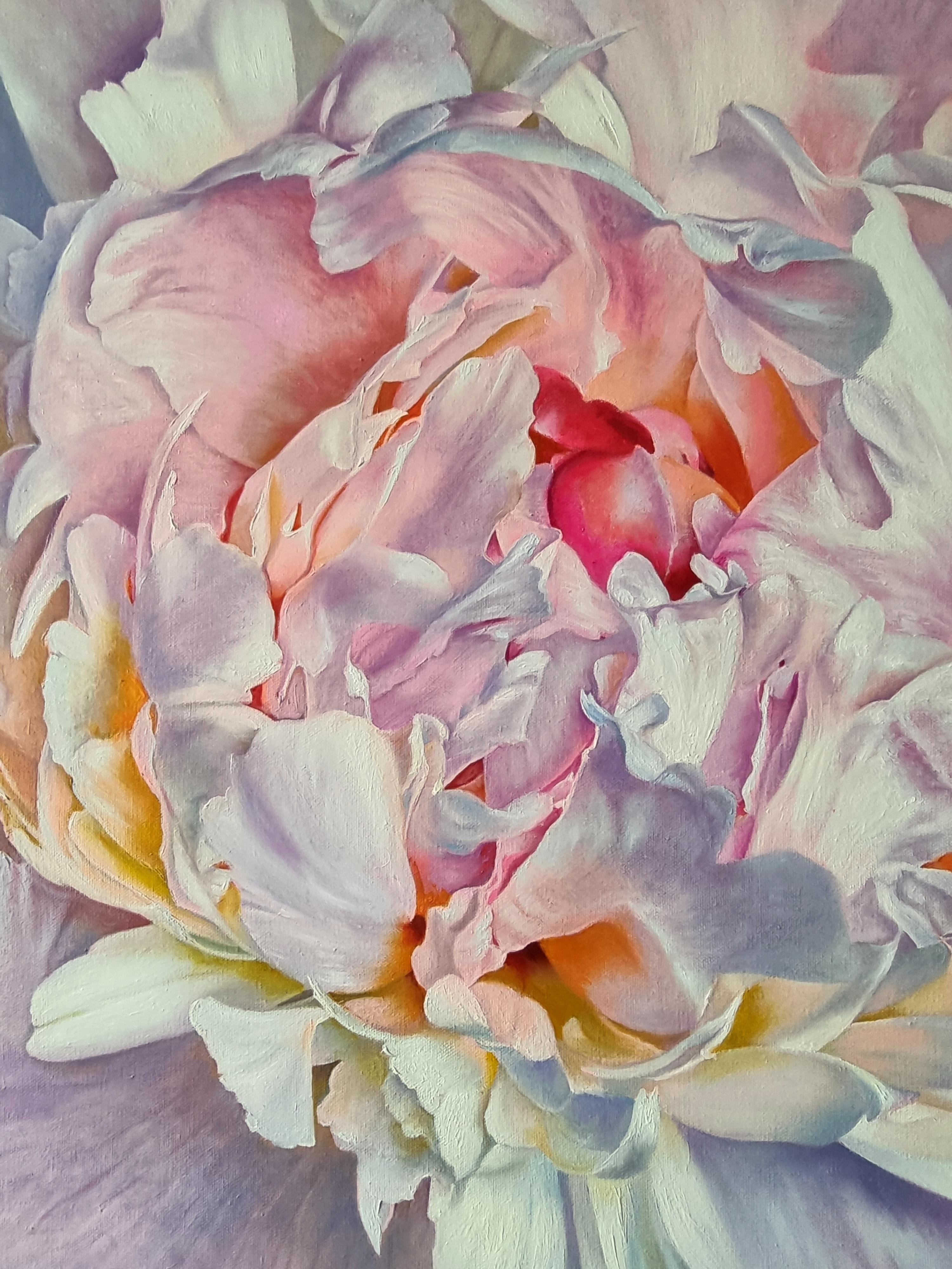 Original Oil Still Life Painting Lace of Petals - Gray Still-Life Painting by Anna Bessonova