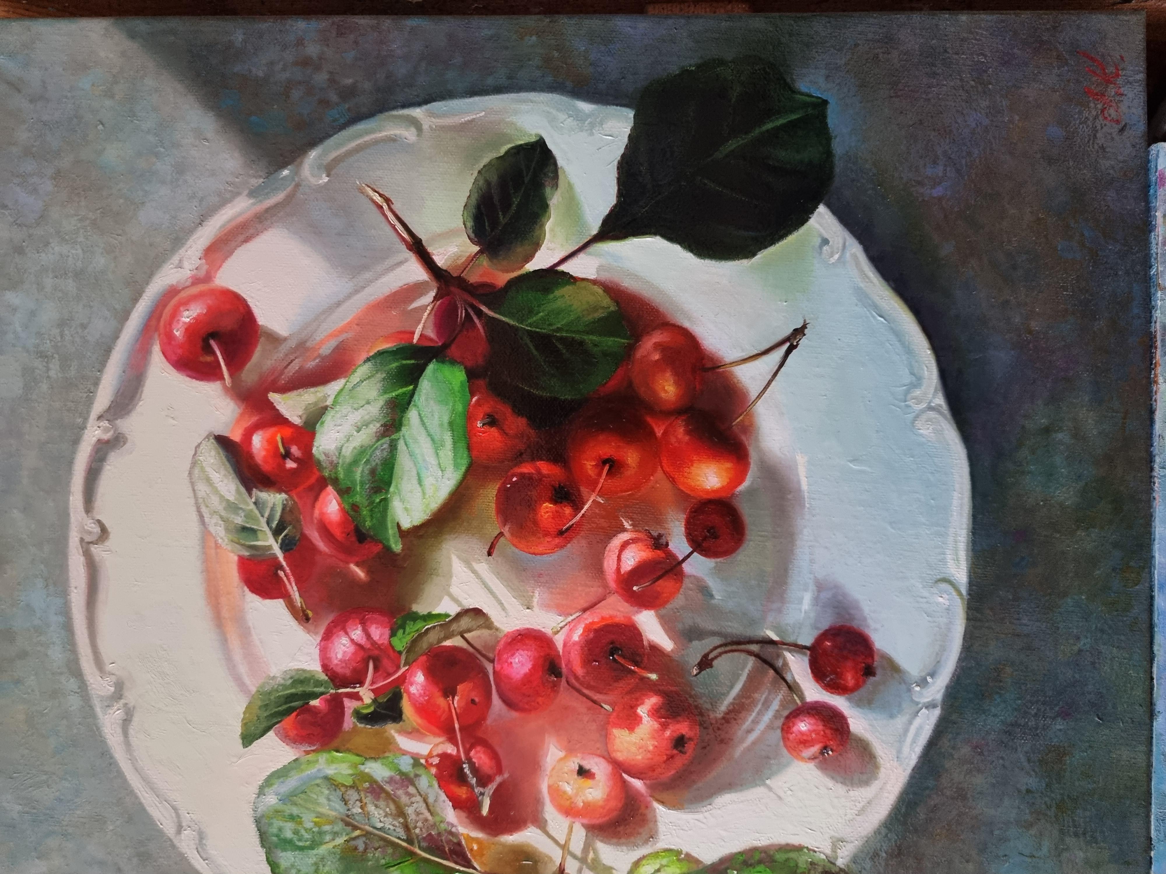 Still Life Painting PLATE WITH SUMMER Realistic Cherries 4