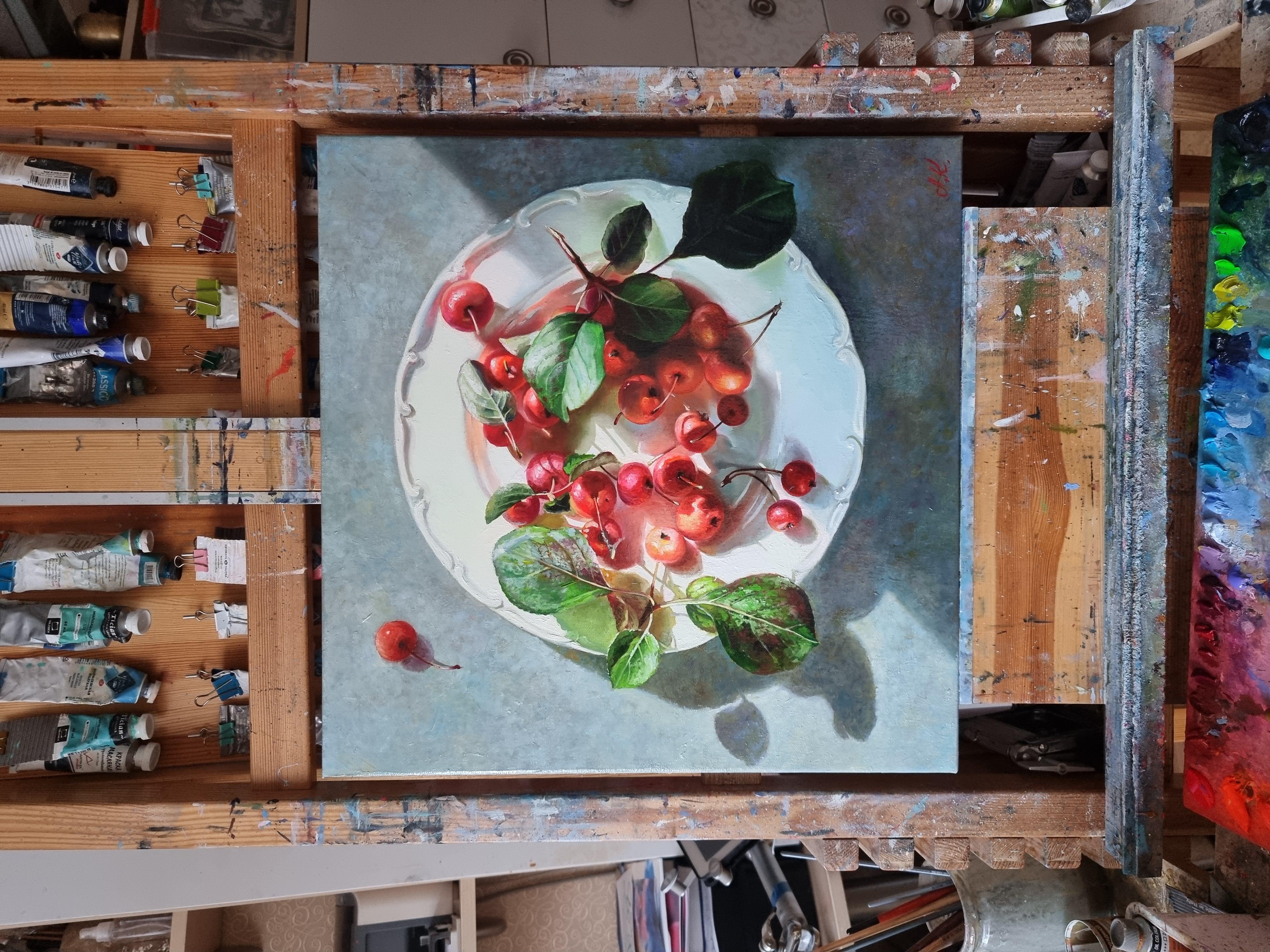 Still Life Painting PLATE WITH SUMMER Realistic Cherries 5