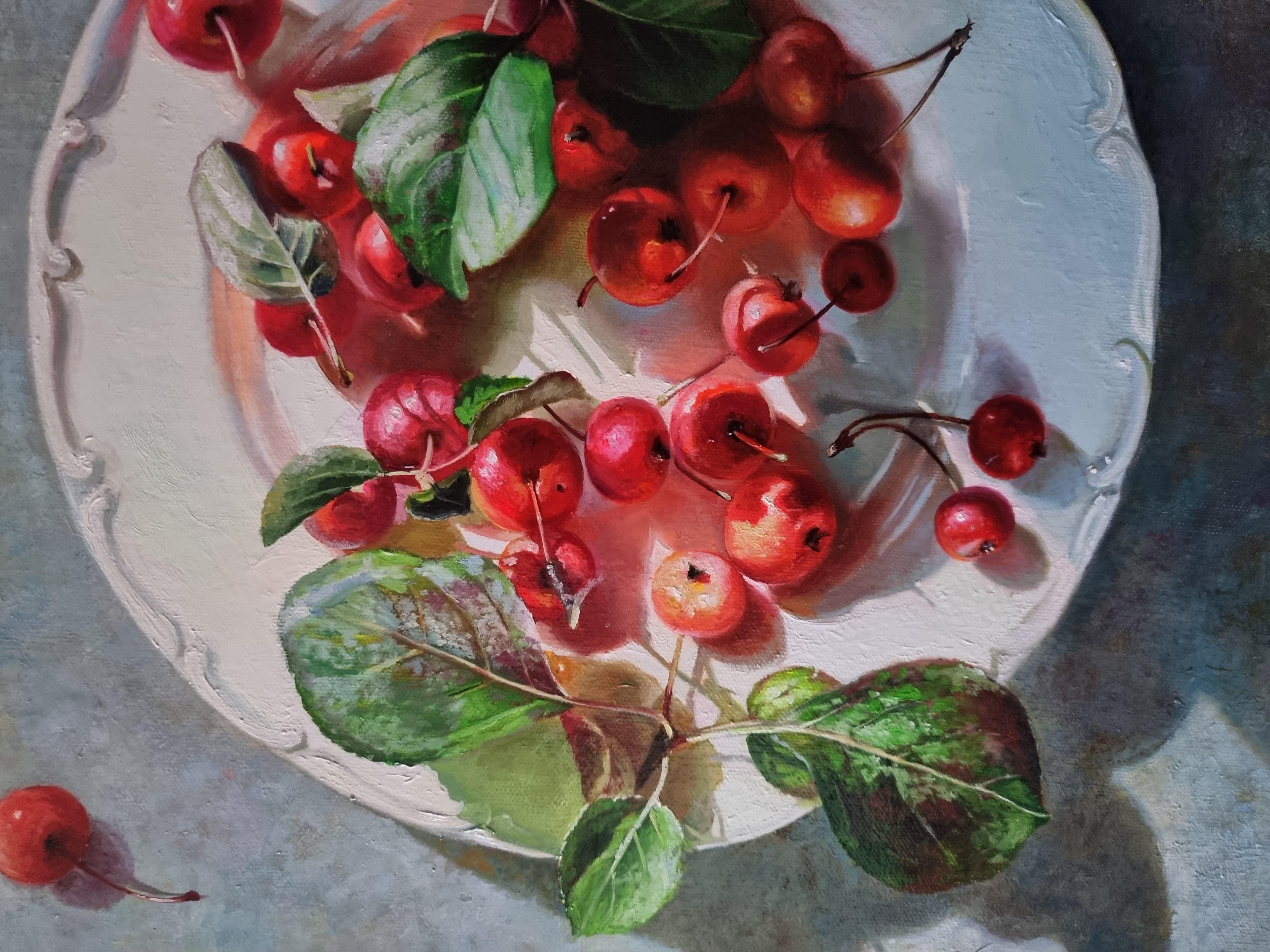 Still Life Painting PLATE WITH SUMMER Realistic Cherries - Gray Still-Life Painting by Anna Bessonova