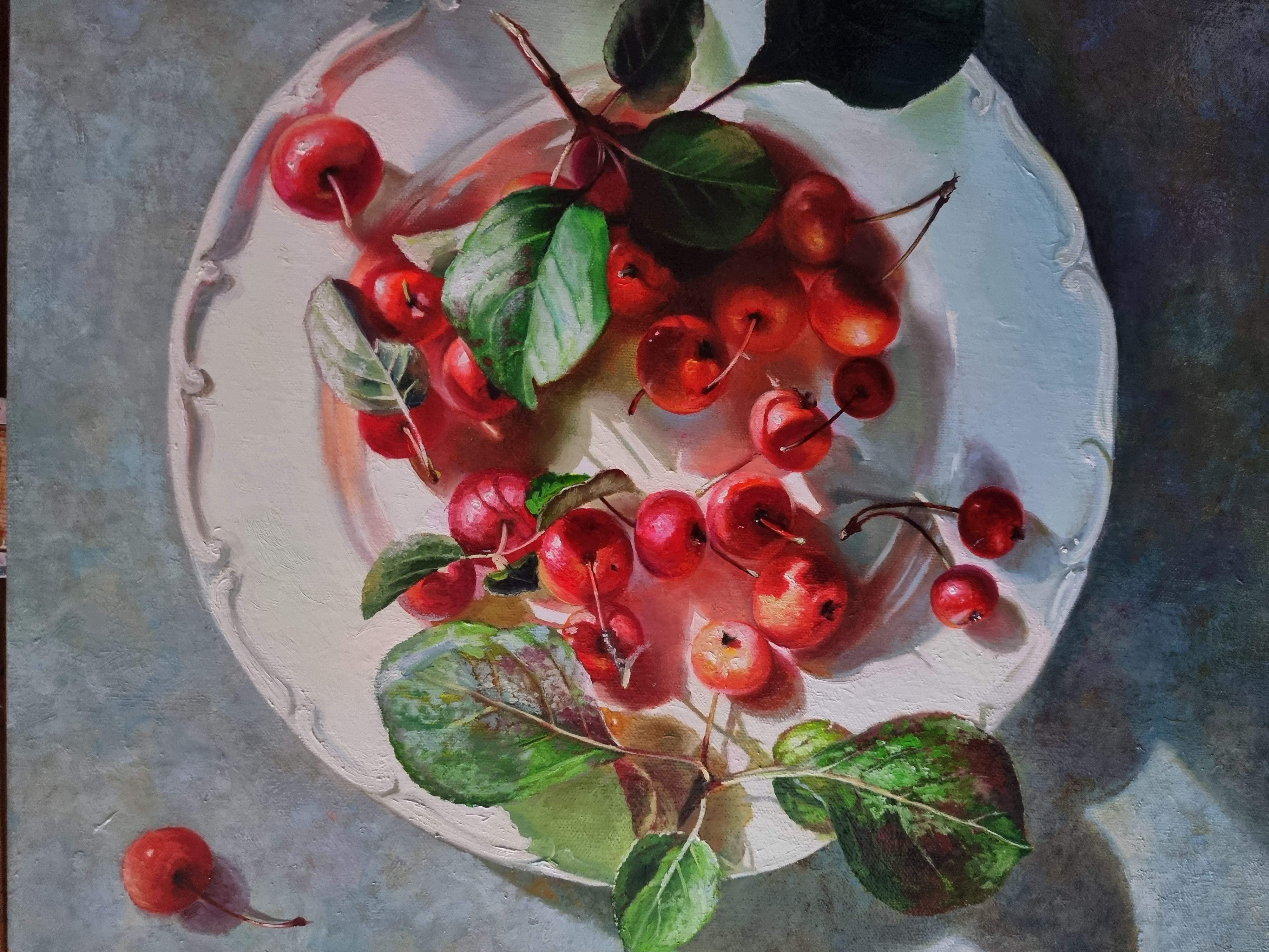 Still Life Painting PLATE WITH SUMMER Realistic Cherries 1