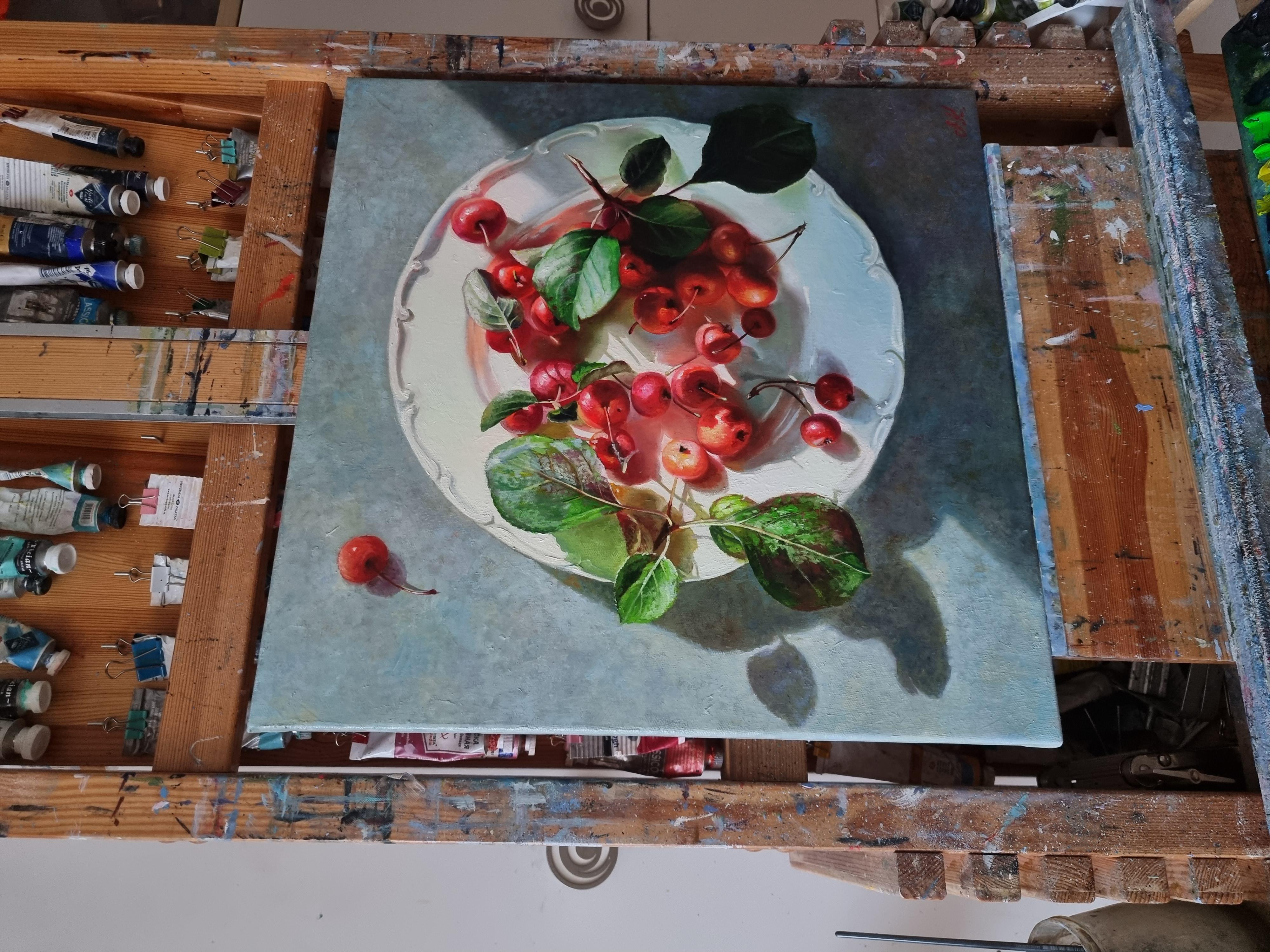 Still Life Painting PLATE WITH SUMMER Realistic Cherries 2