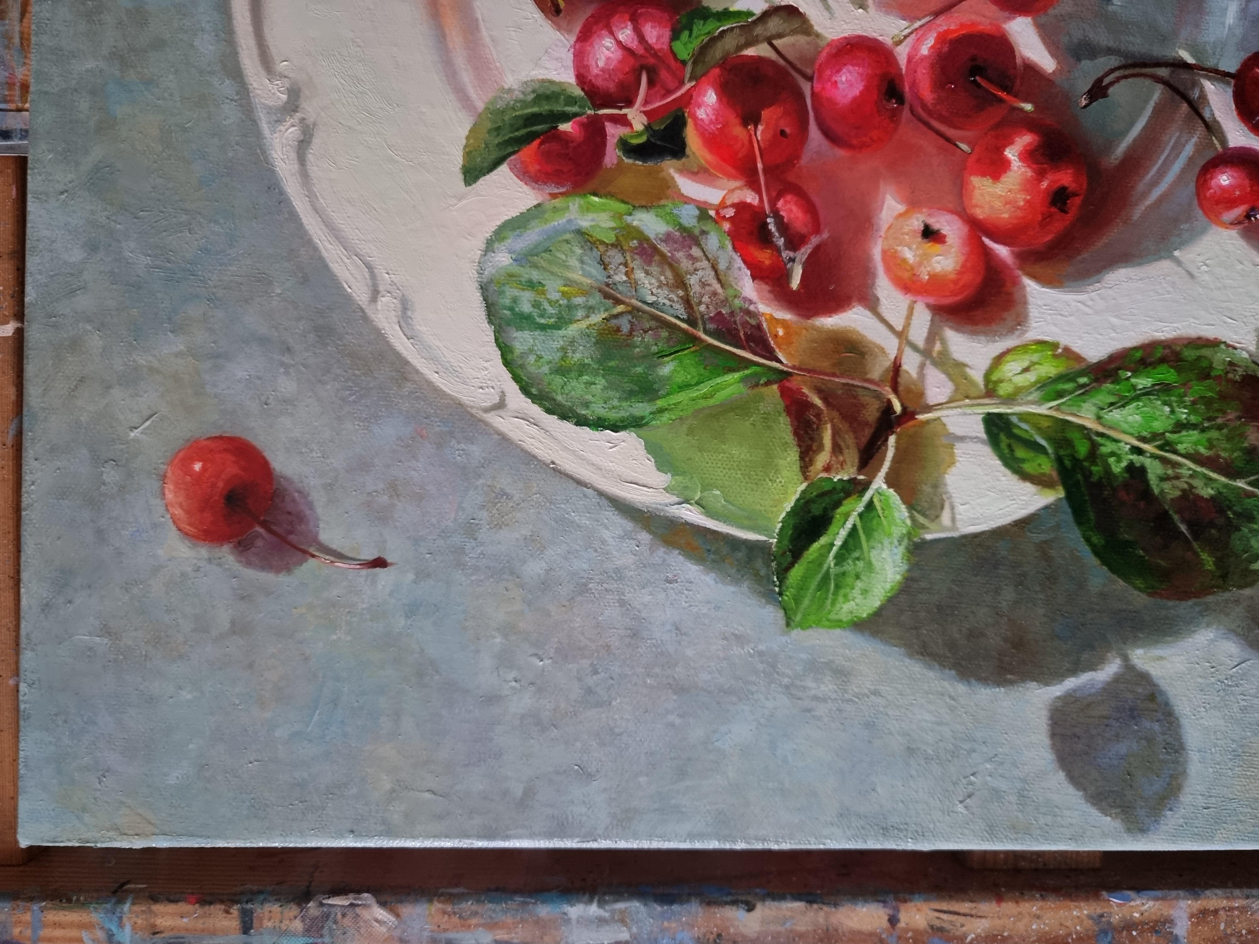 Still Life Painting PLATE WITH SUMMER Realistic Cherries 3