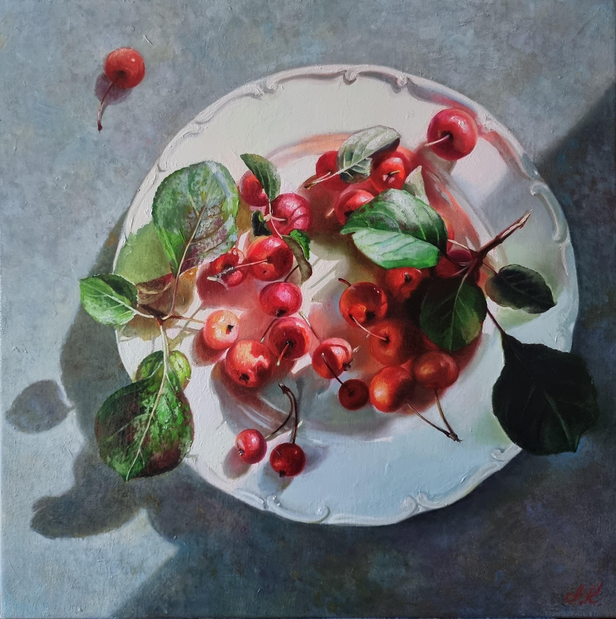Still Life Painting PLATE WITH SUMMER Realistic Cherries