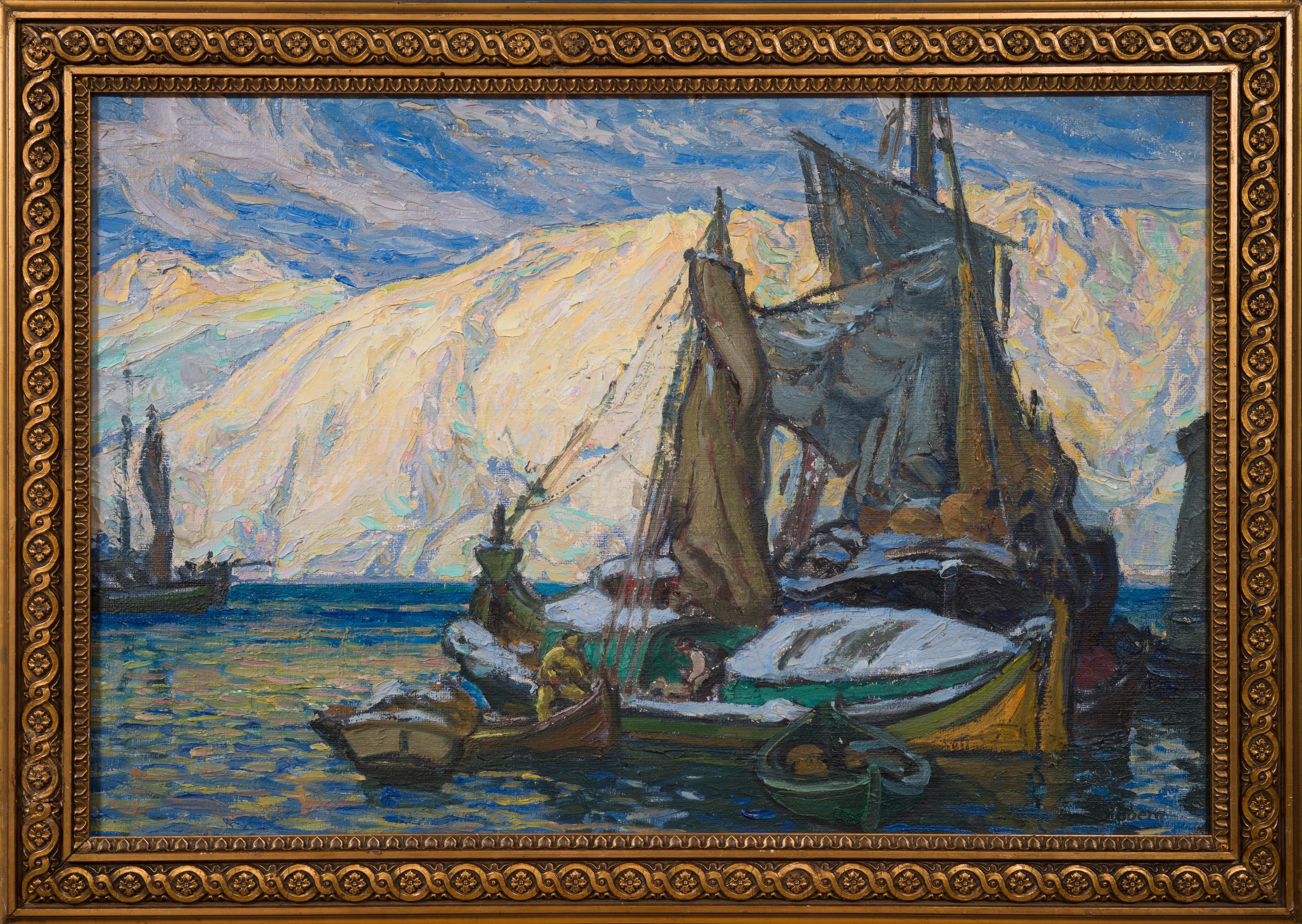 Anna Boberg Landscape Painting – "Boote unter dem Schnee" - Fischerboote vor Anker auf den Lofoten
