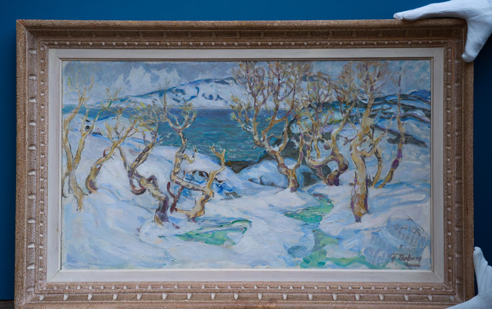 Ce tableau exquis, intitulé Bosco artico (Lofoten), illustre le lien profond d'Anna Boberg avec les paysages saisissants du nord de la Norvège. Peinte au cours de ses nombreuses visites dans l'archipel des Lofoten, elle capture le jeu délicat de la