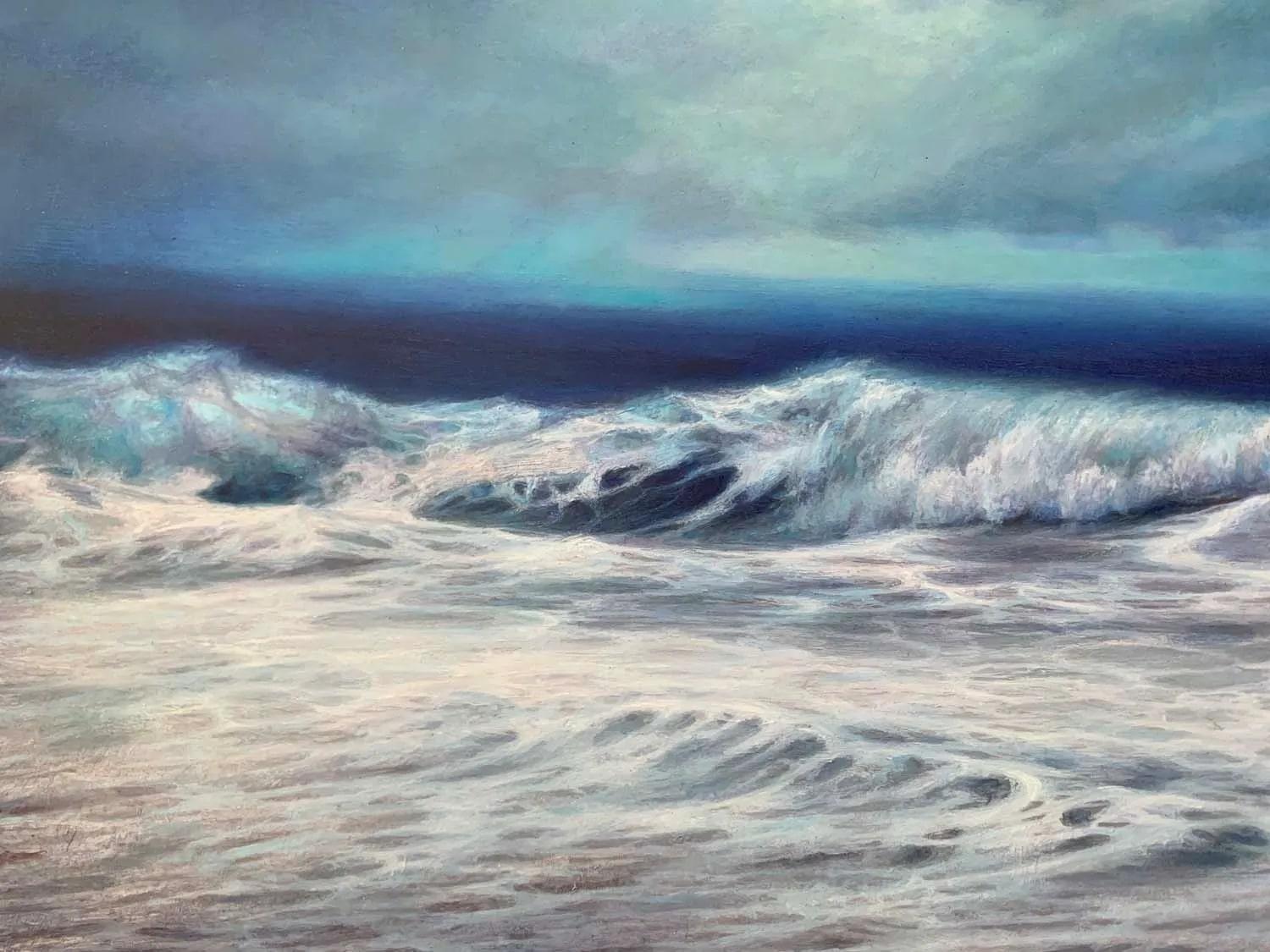Paysage marin réaliste, « Au-delà » - Bleu Landscape Painting par Anna Cardoso