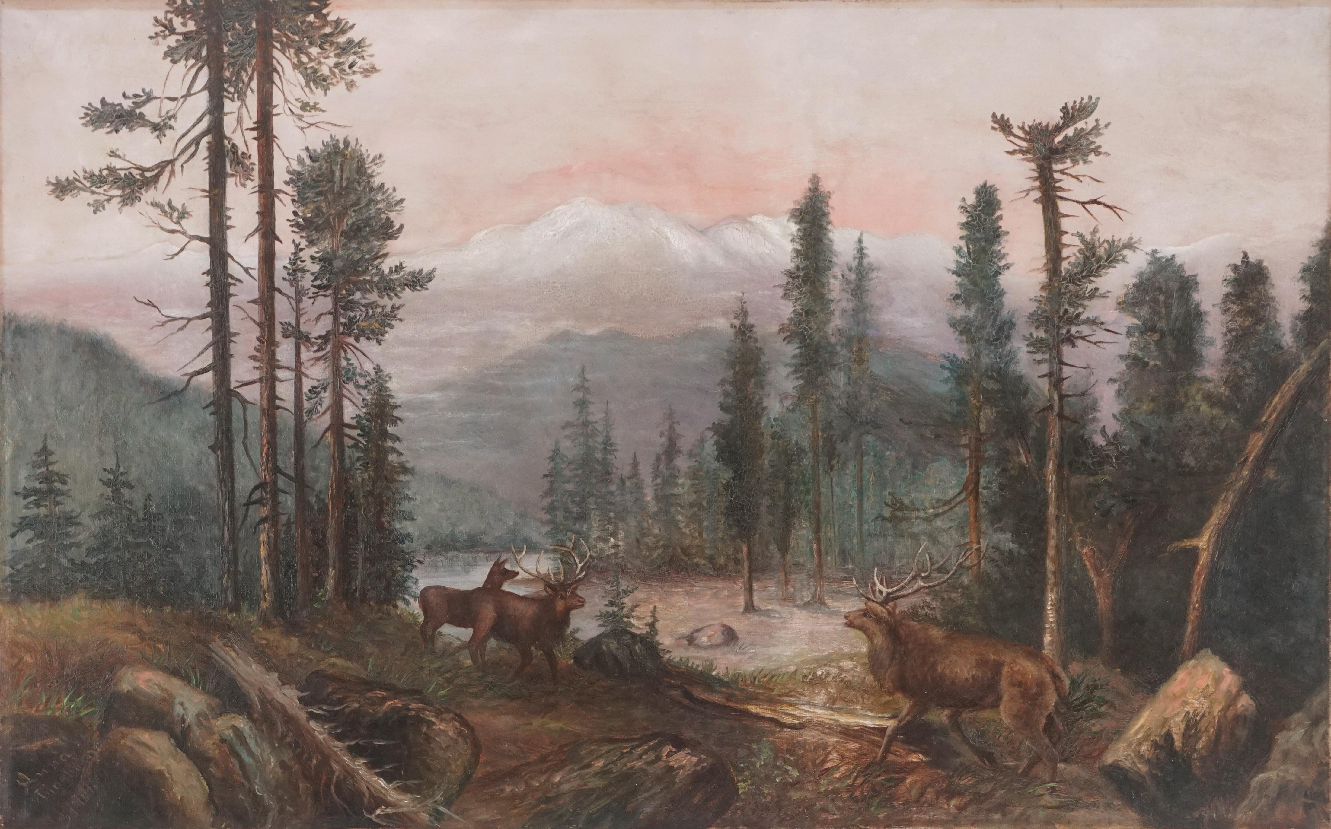 Anna Carver Bingham Landscape Painting – Mt. Shasta-Landschaft mit Hirschen, um die Wende zum 20.