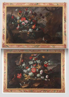 Pareja de excepcionales bodegones italianos  Pinturas de flores  siglo XVIII