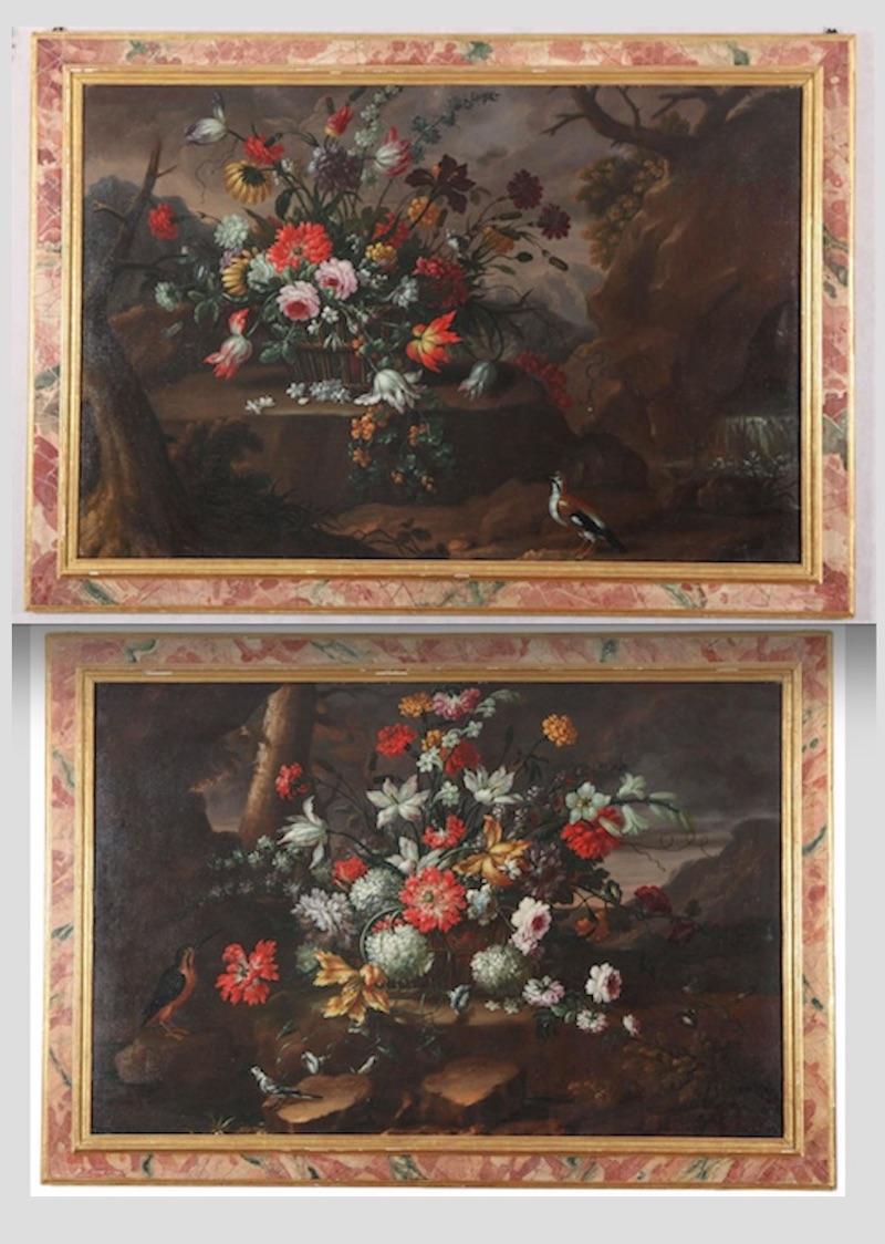 Pair of Exceptional Italian Still Life  Paintings of Flowers  18th century