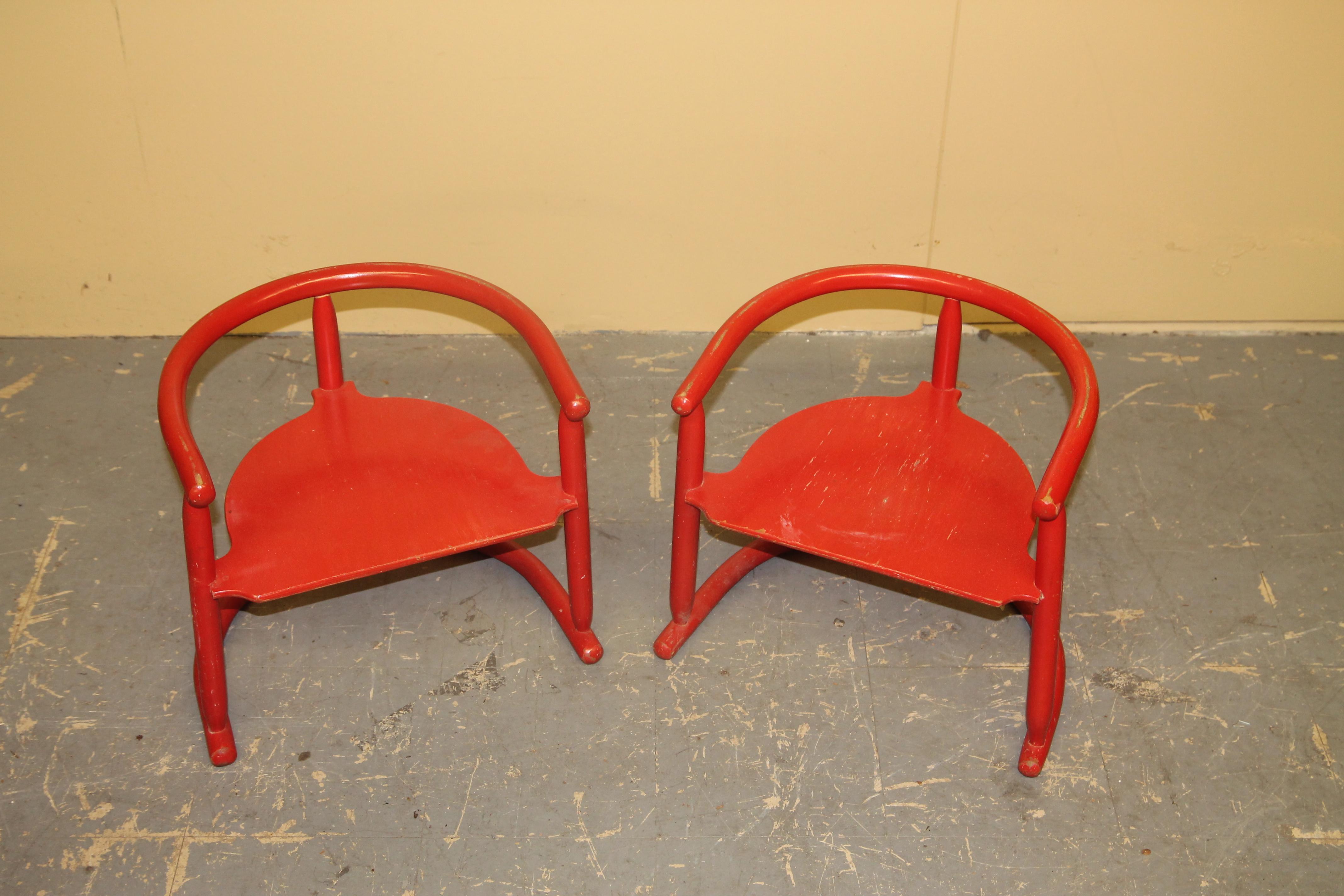 Great pair of children's chairs by Karin Mobring for Ikea in the early 1960's. You very seldom see a pair of these. The chairs are in nice vintage shape with some paint loss but that is to be expected for chairs of this age.