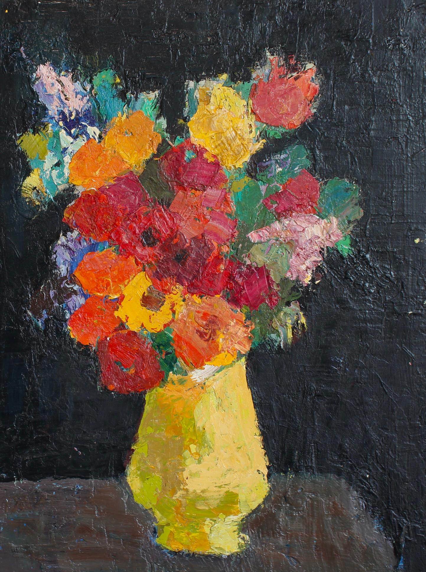 Bouquet dans un vase jaune - Expressionniste Painting par Anna Costa