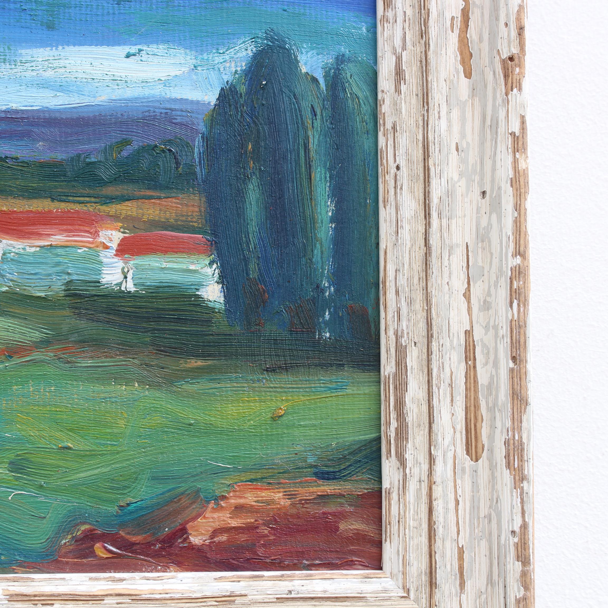 Pittura ad olio di paesaggio francese d'epoca 