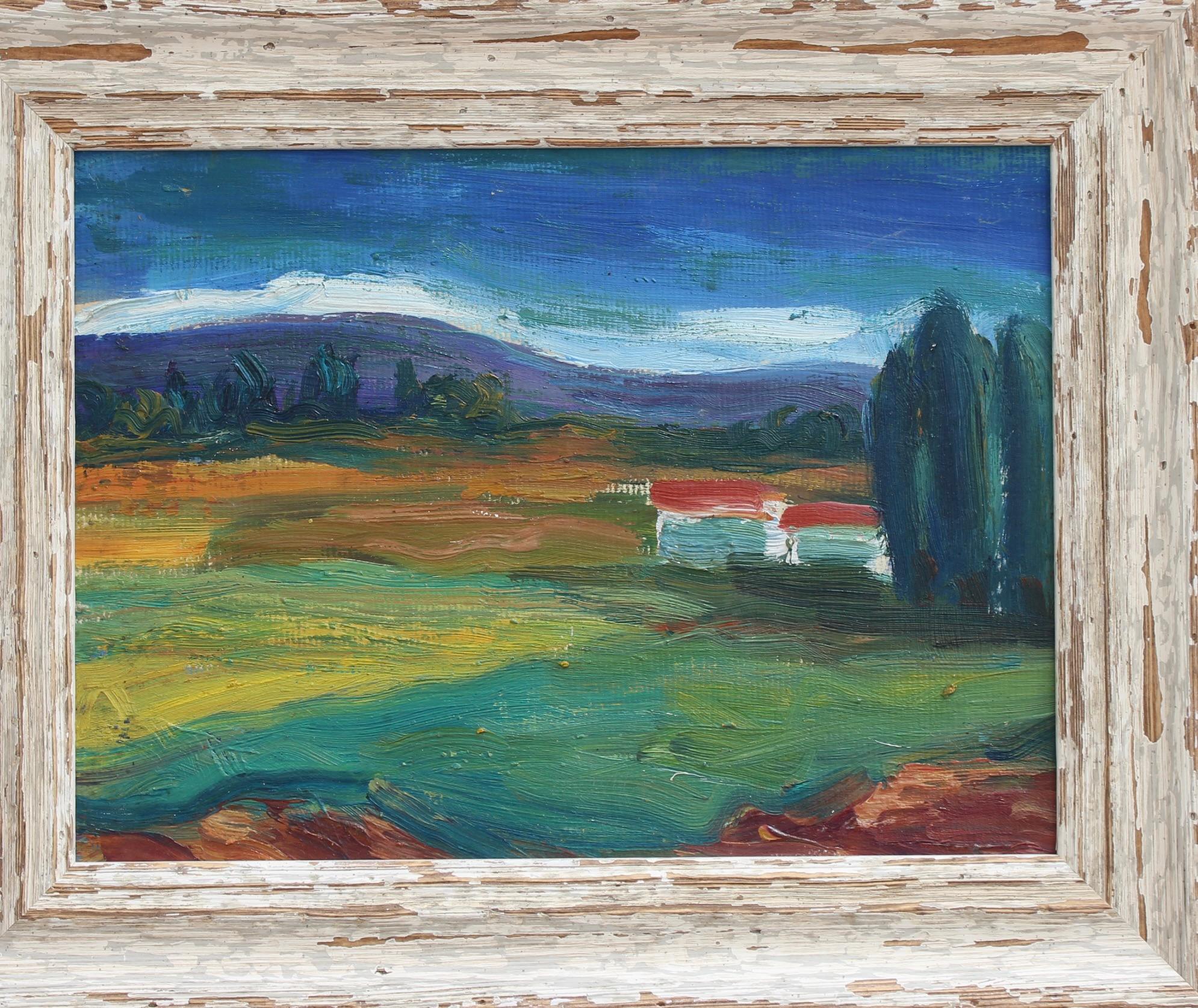 'Crepuscolo in Provenza', olio su tavola, di Anna Costa (circa anni '60). Si tratta di un ricco paesaggio dipinto dall'artista con colori sontuosi in stile impressionista. Leggermente più tenui rispetto ai suoi paesaggi pieni di sole, le strutture