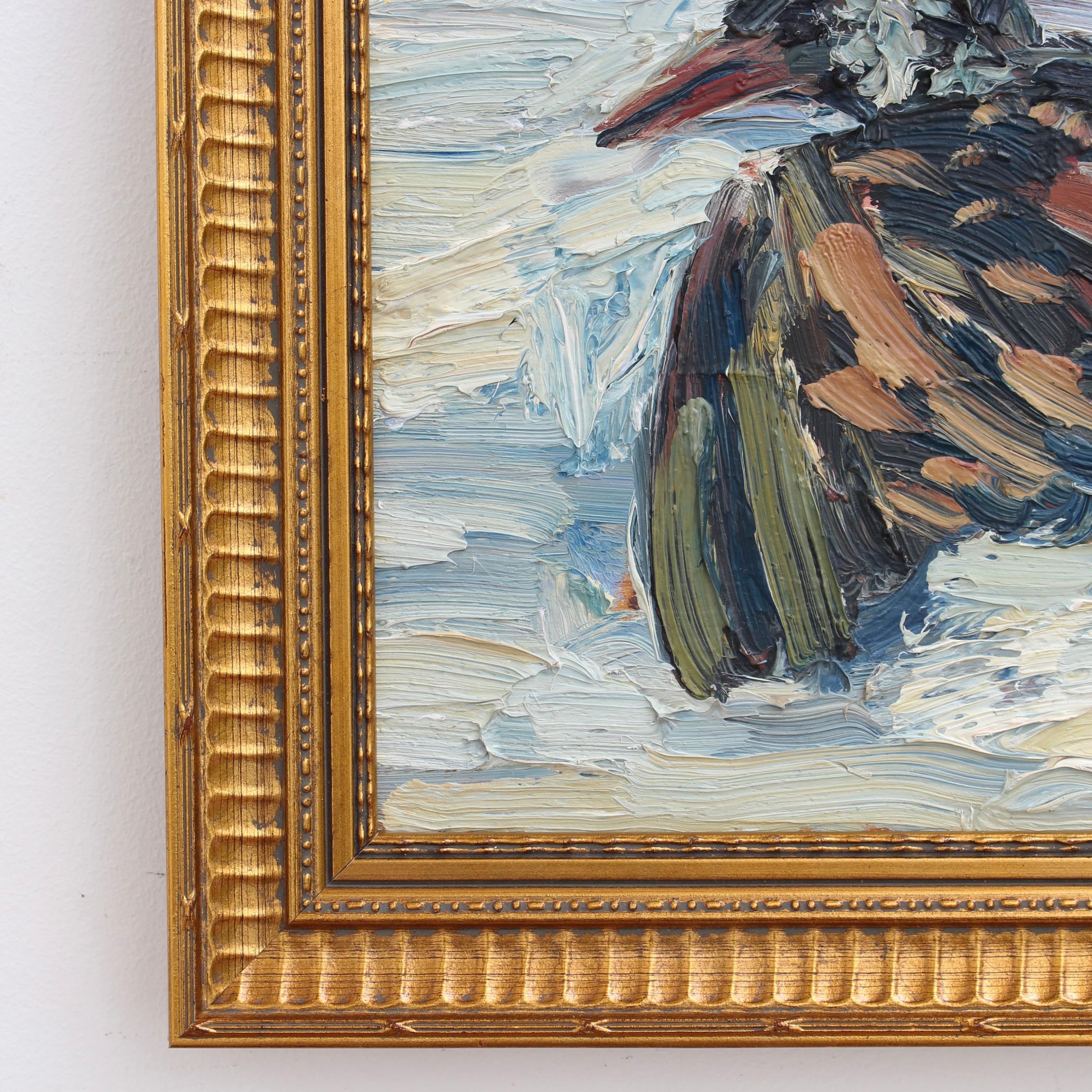 « Portrait d'un oiseau dans la neige » - Peinture à l'huile française vintage en vente 7