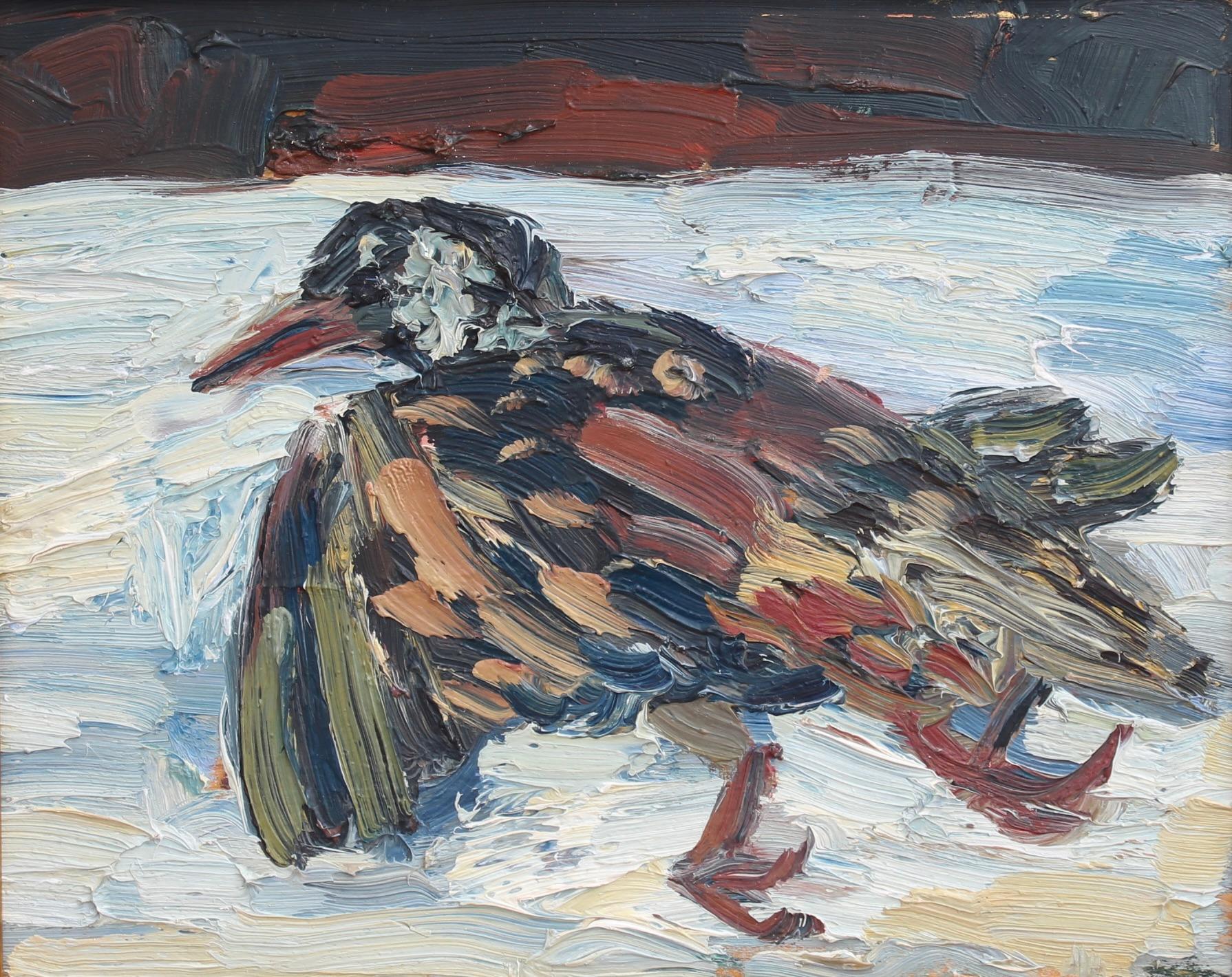 « Portrait d'un oiseau dans la neige » - Peinture à l'huile française vintage - Painting de Anna Costa