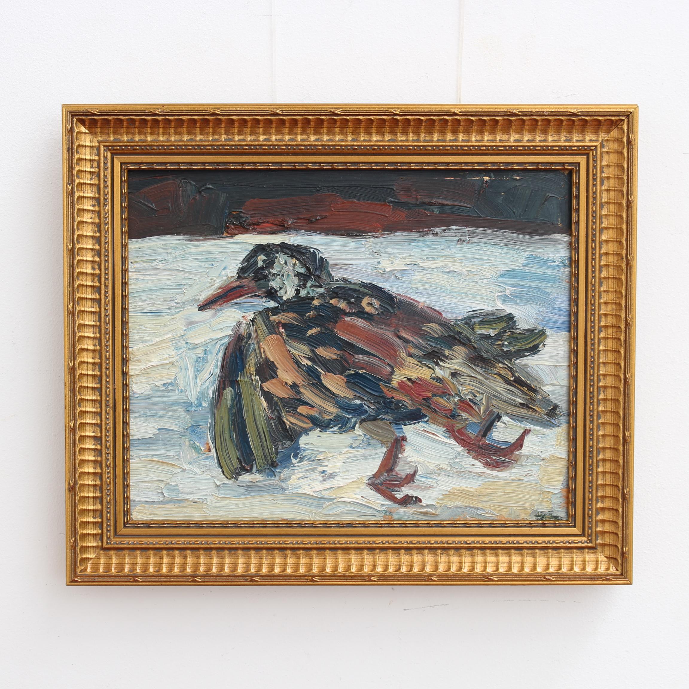 'Portrait of a Bird in Snow', oil on board, by Anna Costa (circa 1960s). This is a unique still-life painted by the artist in warm colours in an Impressionist style. In ancient cultures such as Greece, a dead bird was seen as a sign of good luck and