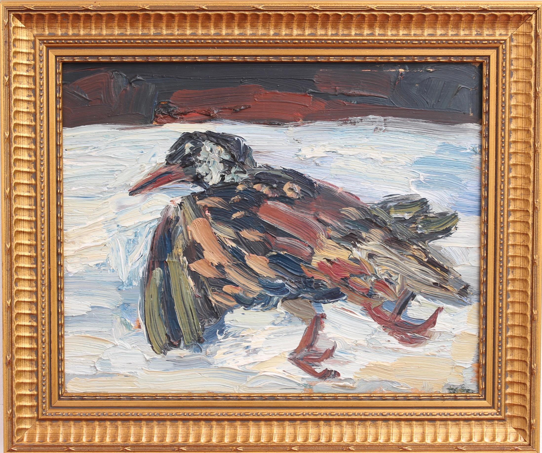 Portrait d'un oiseau dans la neige, huile sur carton, par Anna Costa (vers les années 1960). Il s'agit d'une nature morte unique peinte par l'artiste dans des couleurs chaudes dans un style impressionniste. Dans les cultures anciennes comme la