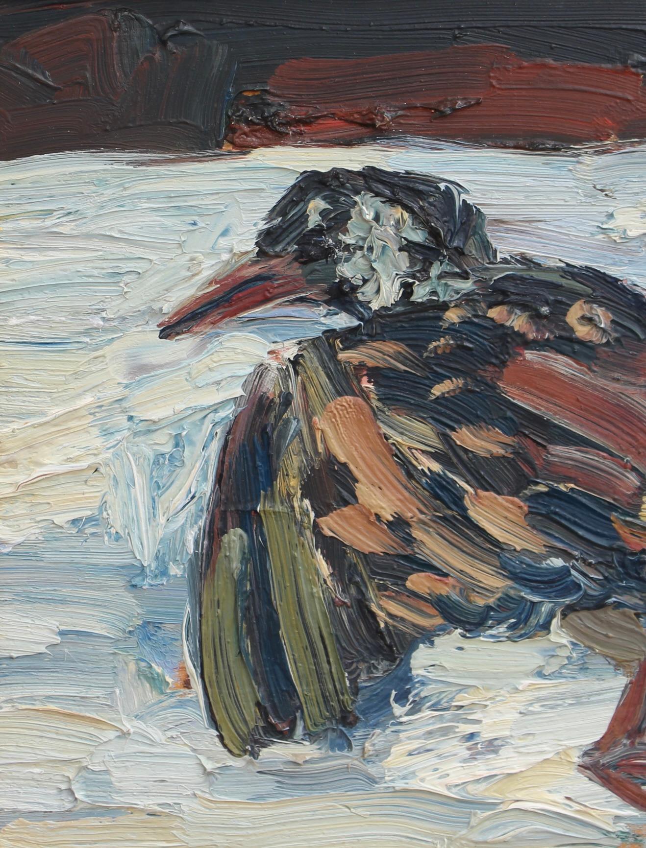 « Portrait d'un oiseau dans la neige » - Peinture à l'huile française vintage en vente 2