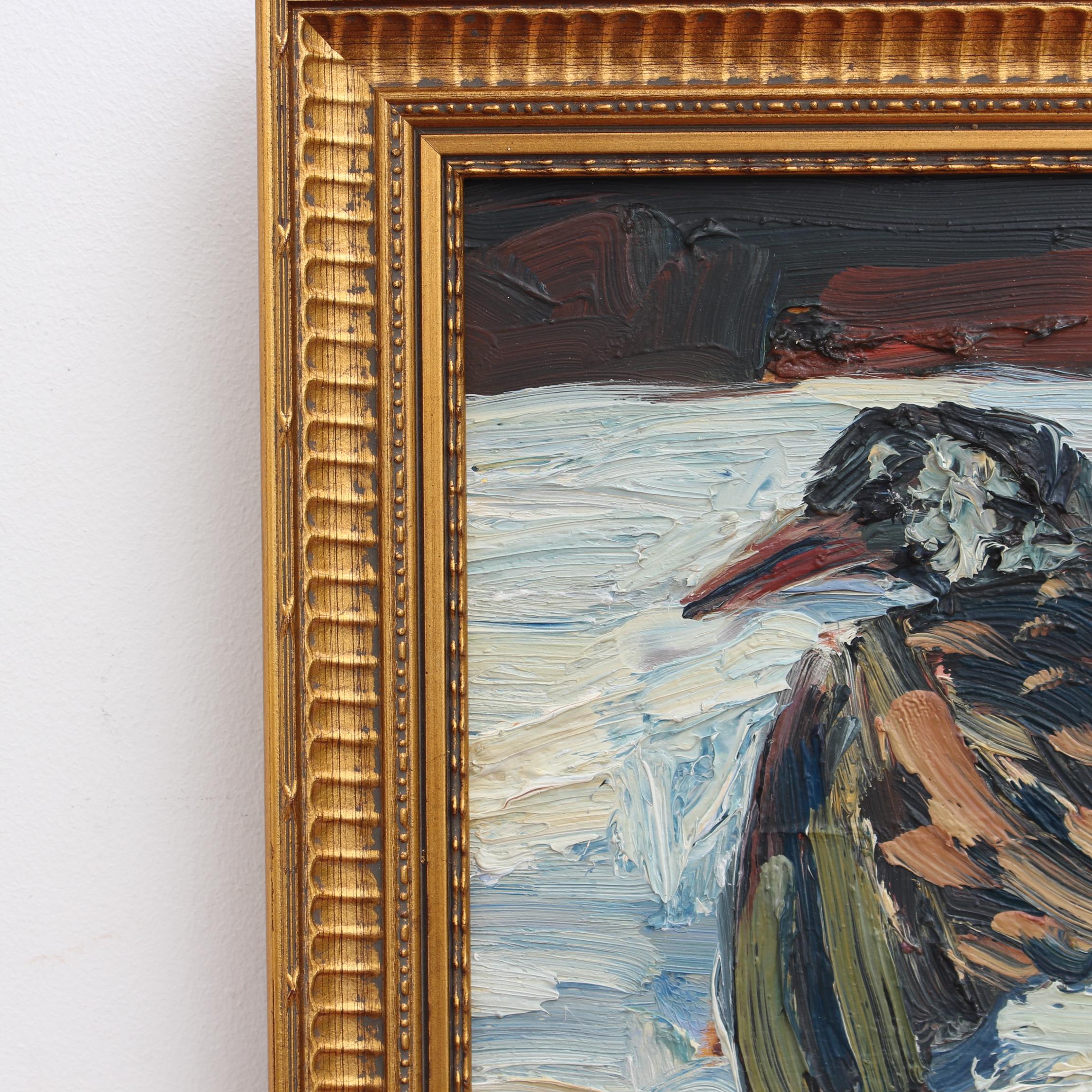 « Portrait d'un oiseau dans la neige » - Peinture à l'huile française vintage en vente 3