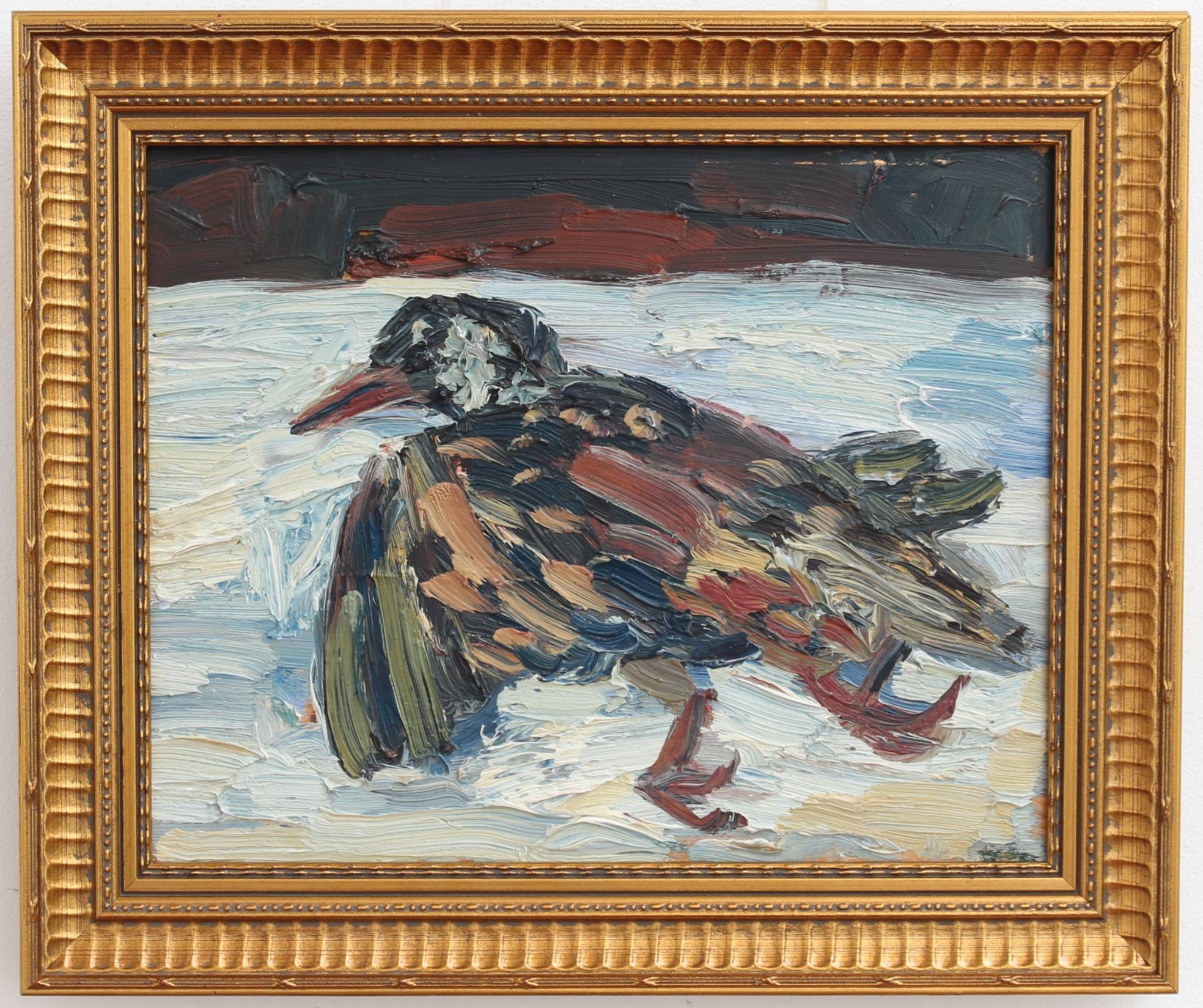 « Portrait d'un oiseau dans la neige » - Peinture à l'huile française vintage