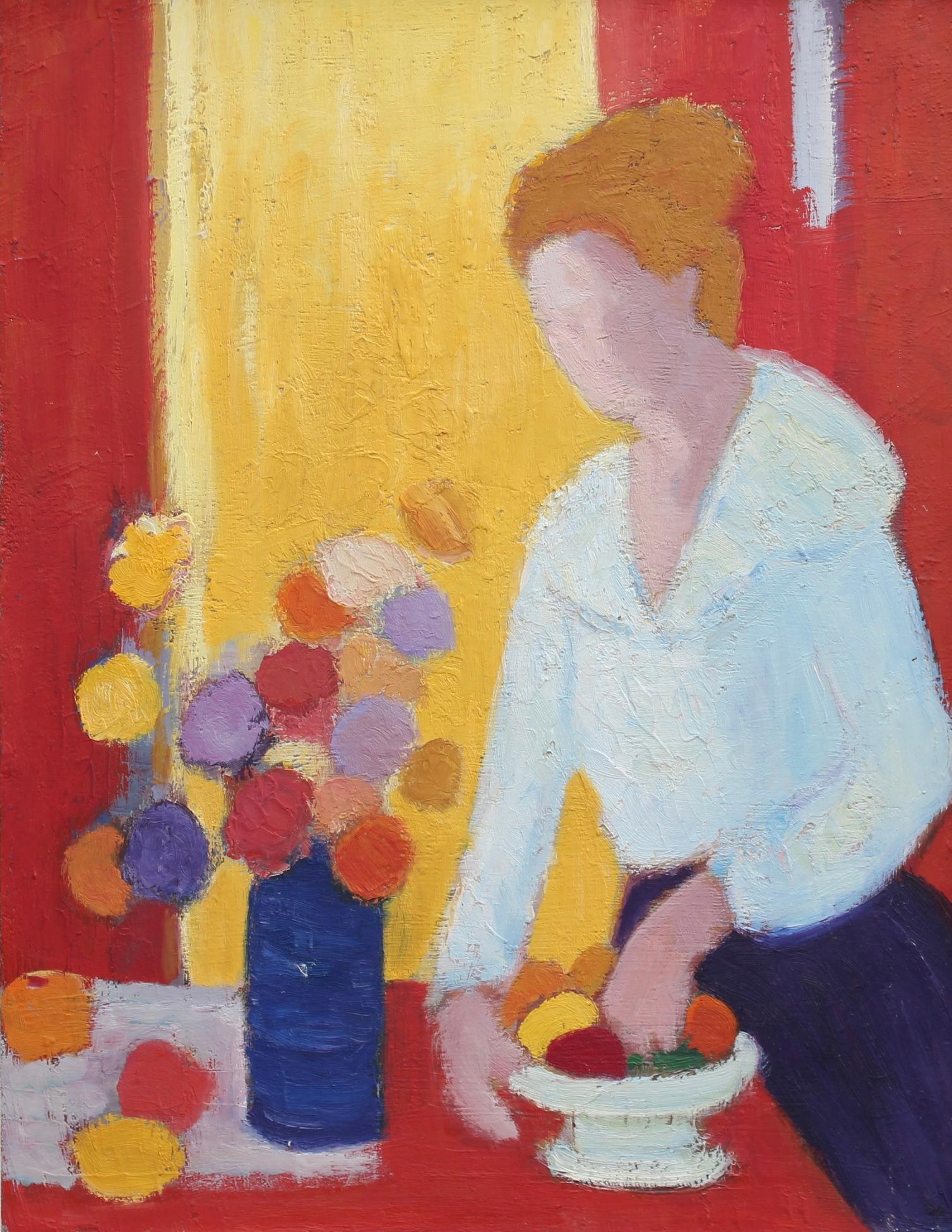 Portrait of a Woman with Flowers and Fruit - Painting by Anna Costa