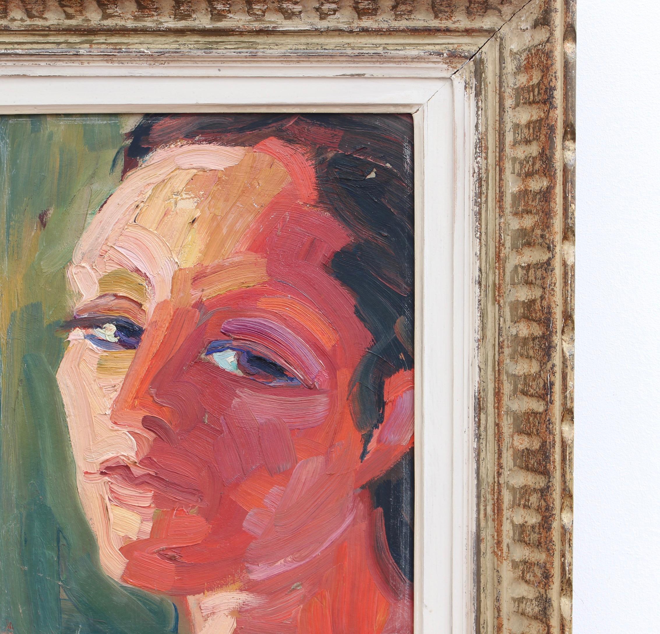 'Portrait of a Young Woman', oil on board, by Anna Costa (circa 1960s). This is a beautifully expressive portrait painted by the artist using vibrant colours and impasto technique. There is something in the gaze of the figure which conveys a level