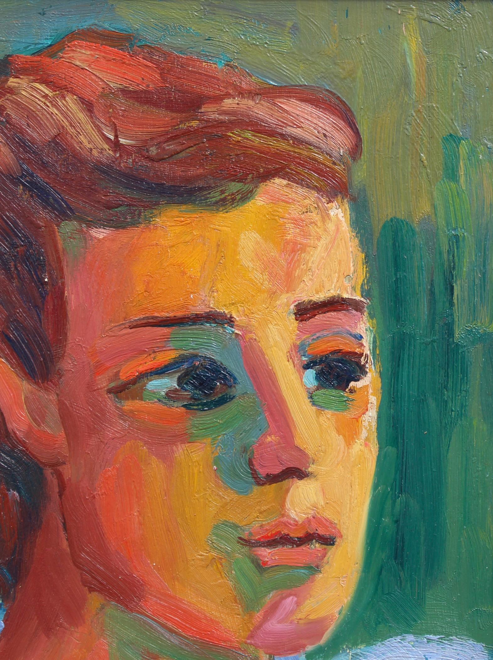 'Portrait of a Young Woman', oil on board, by Anna Costa (circa 1960s). This is a beautiful,  expressive portrait of a young woman painted by the artist using her trademark vibrant colours and large brushstrokes. Costa's portraits are composed with