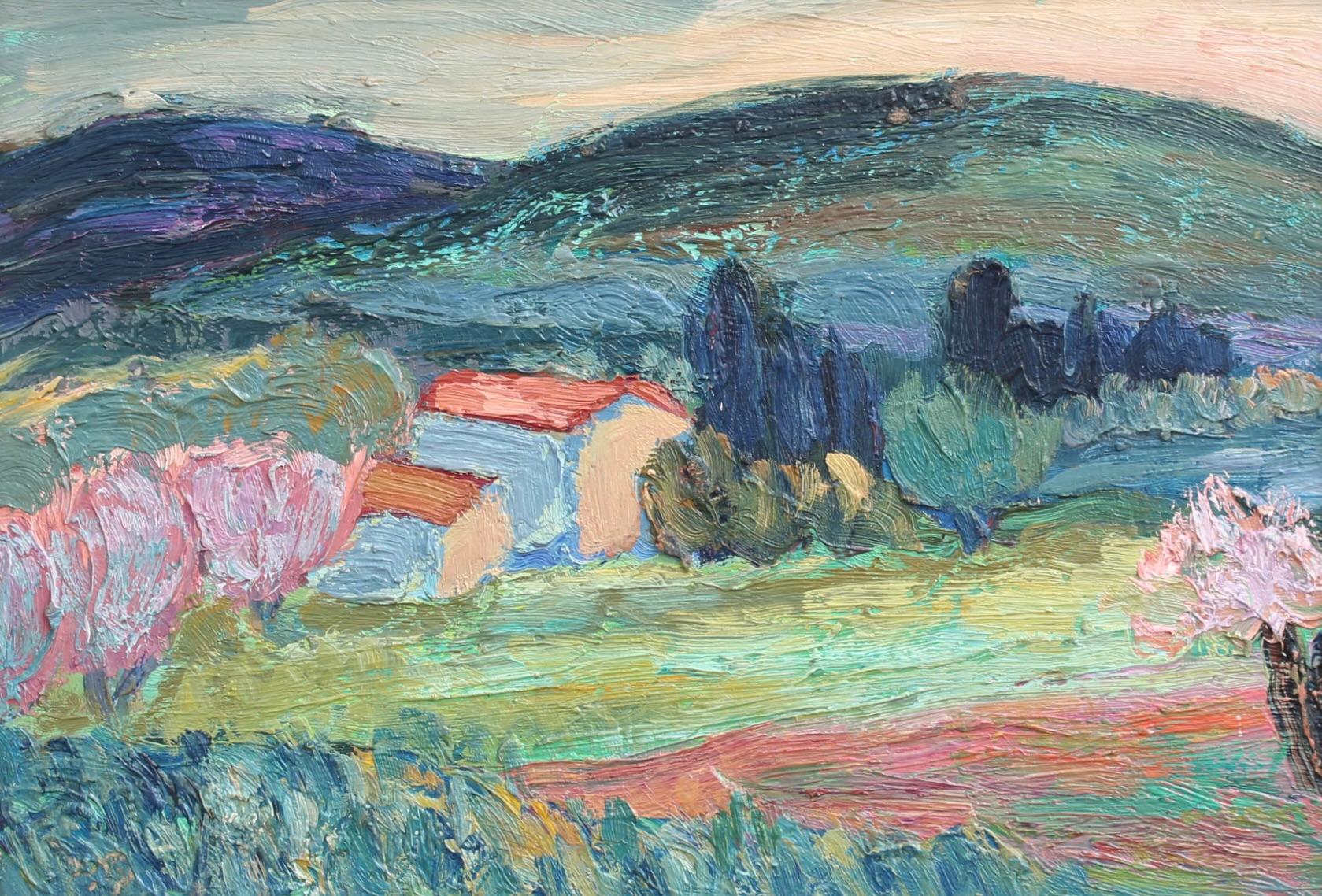 'Provençal Hillside', oil on board, by Anna Costa (circa 1960s). This is a lovely landscape painted by the artist in vibrant colours in an Impressionist style using a thick impasto technique. A pair of small farm buildings sit amongst the verdure
