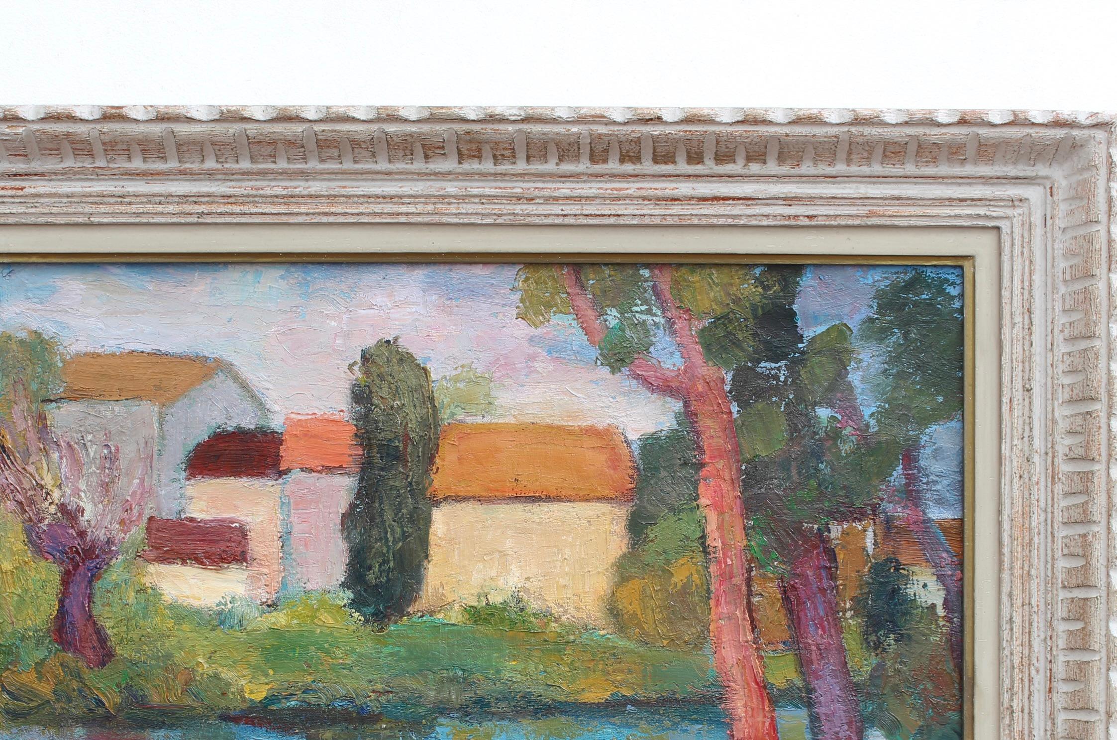 'Provençal Landscape', oil on canvas, by Anna Costa (circa 1950s). This is an exceptional landscape painted by the artist in vibrant colours in an Impressionist style. Traditional homes reflect in the pristine river meandering nearby (most likely