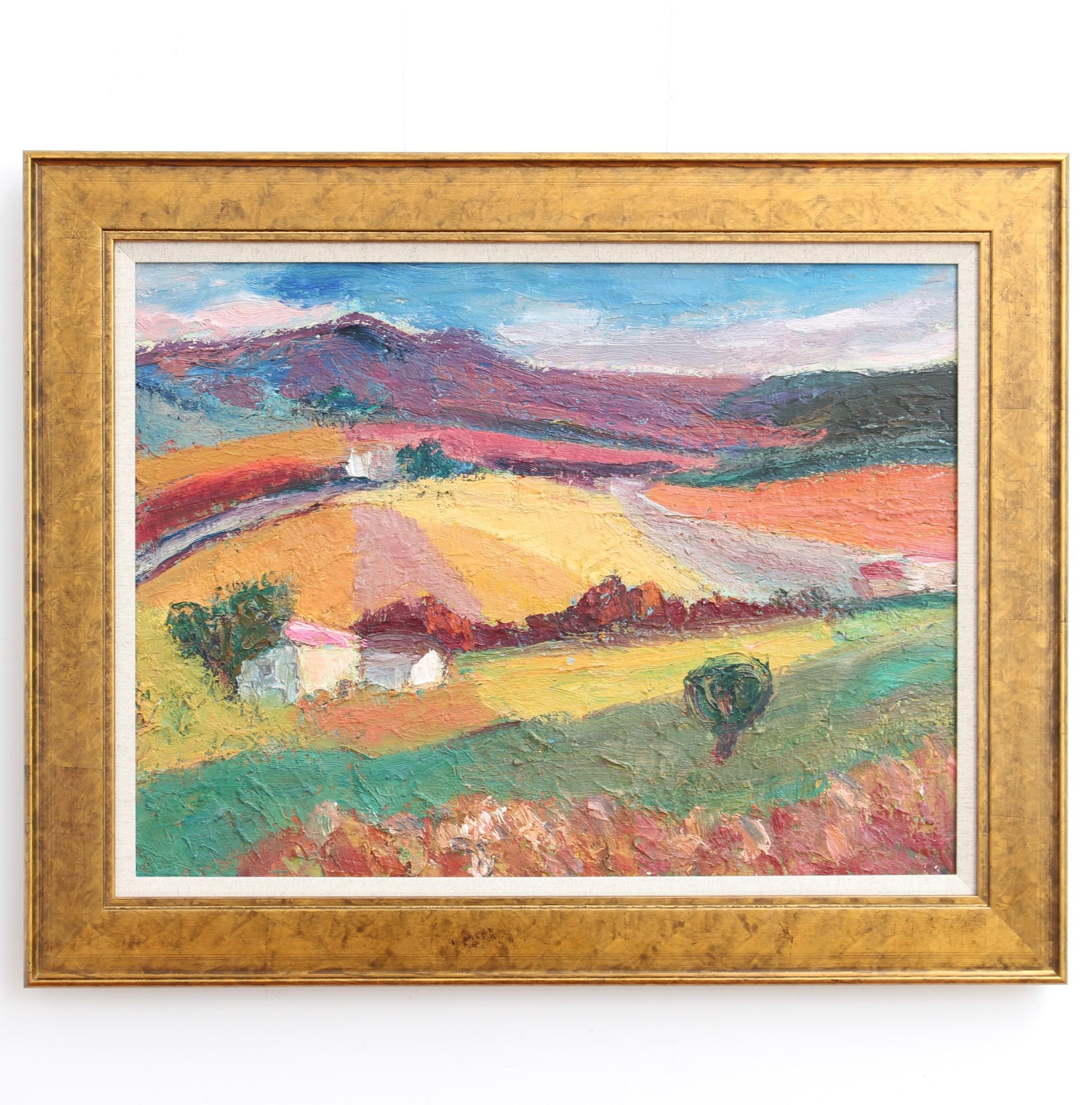 'Provençal Panorama', oil on board, by Anna Costa (circa 1950s). This is a unique landscape painted by the artist in vibrant colours in an Impressionist style. A traditional home sits in the foreground of the fields which are exploding in colour. A