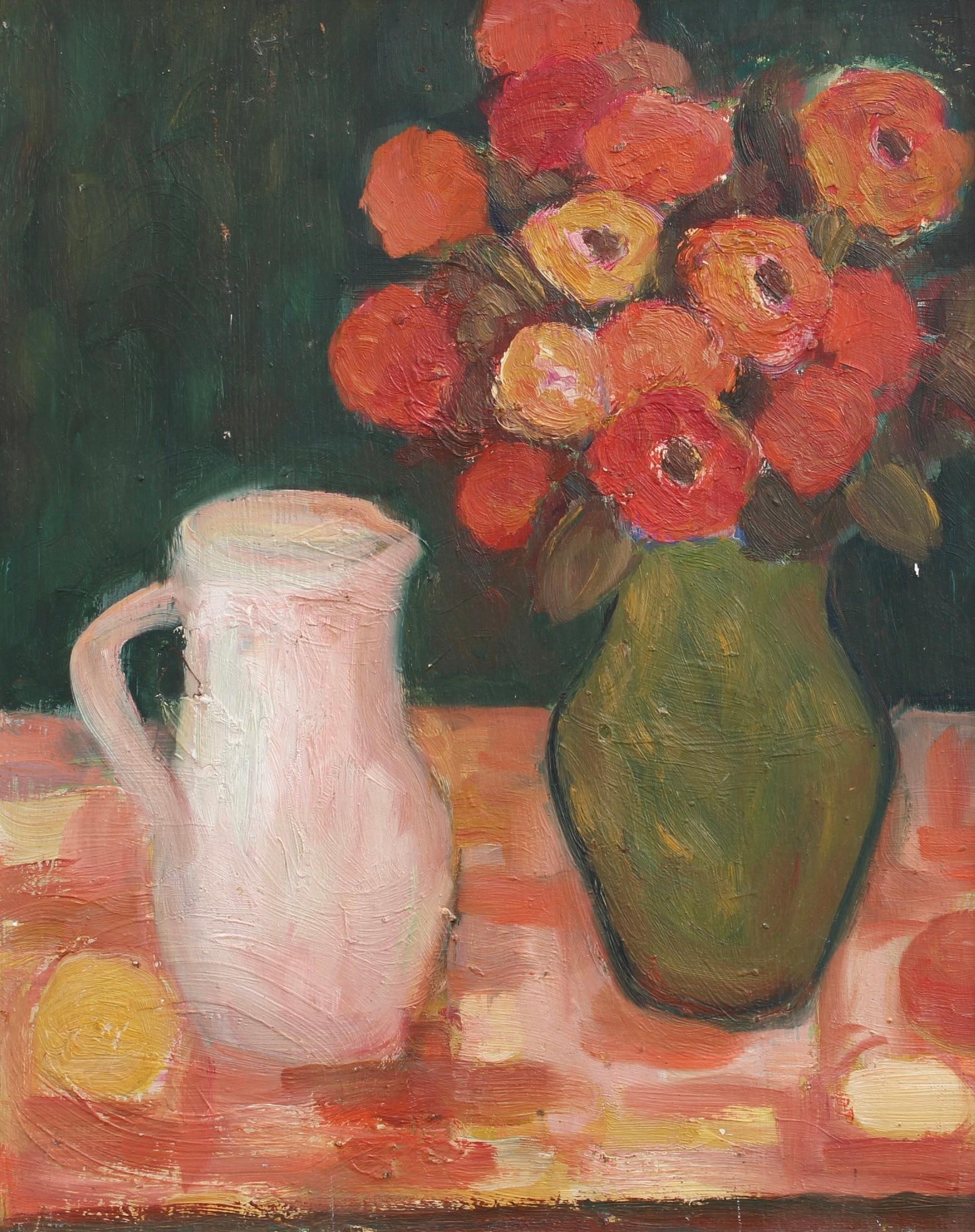 'Still Life with Pitcher and Flowers', oil on board, by Anna Costa (circa 1960s). In addition to her many landscapes, Costa painted many still lifes, mostly bouquets of flowers as subject. This lovely arrangement consists of a white pitcher