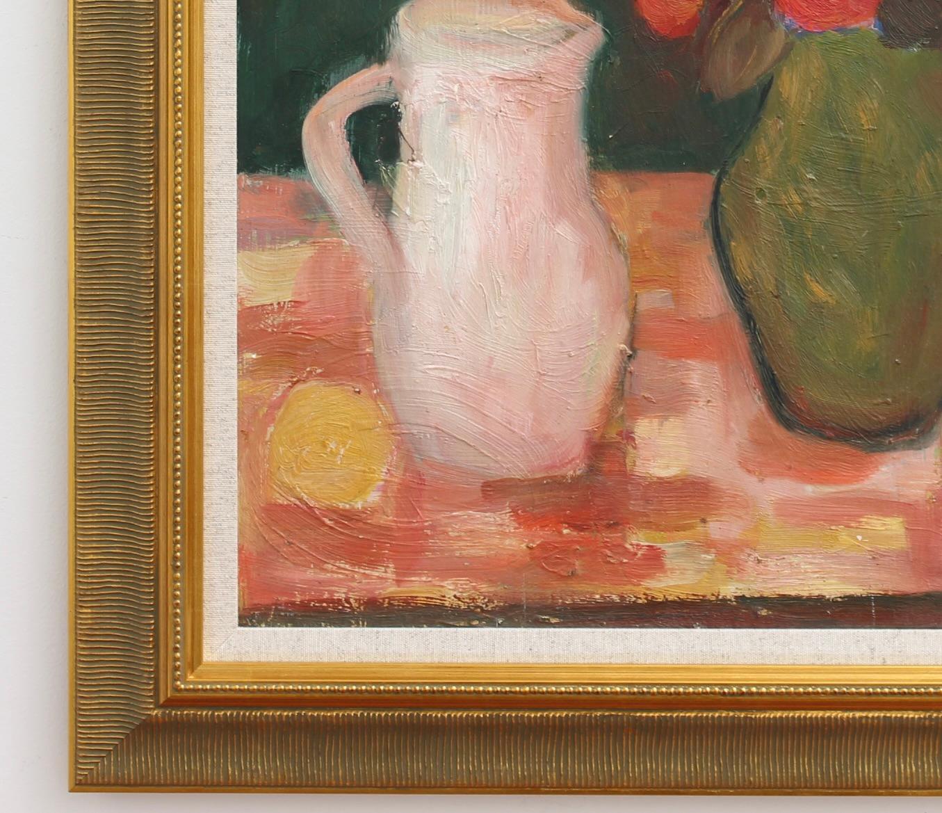 'Still Life with Pitcher and Flowers' by Anna Costa, French Oil Painting For Sale 2
