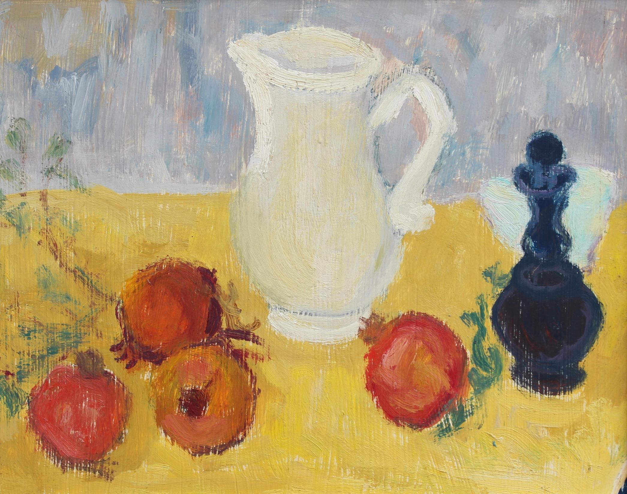 Still Life with White Pitcher and Fruit - Impressionist Painting by Anna Costa
