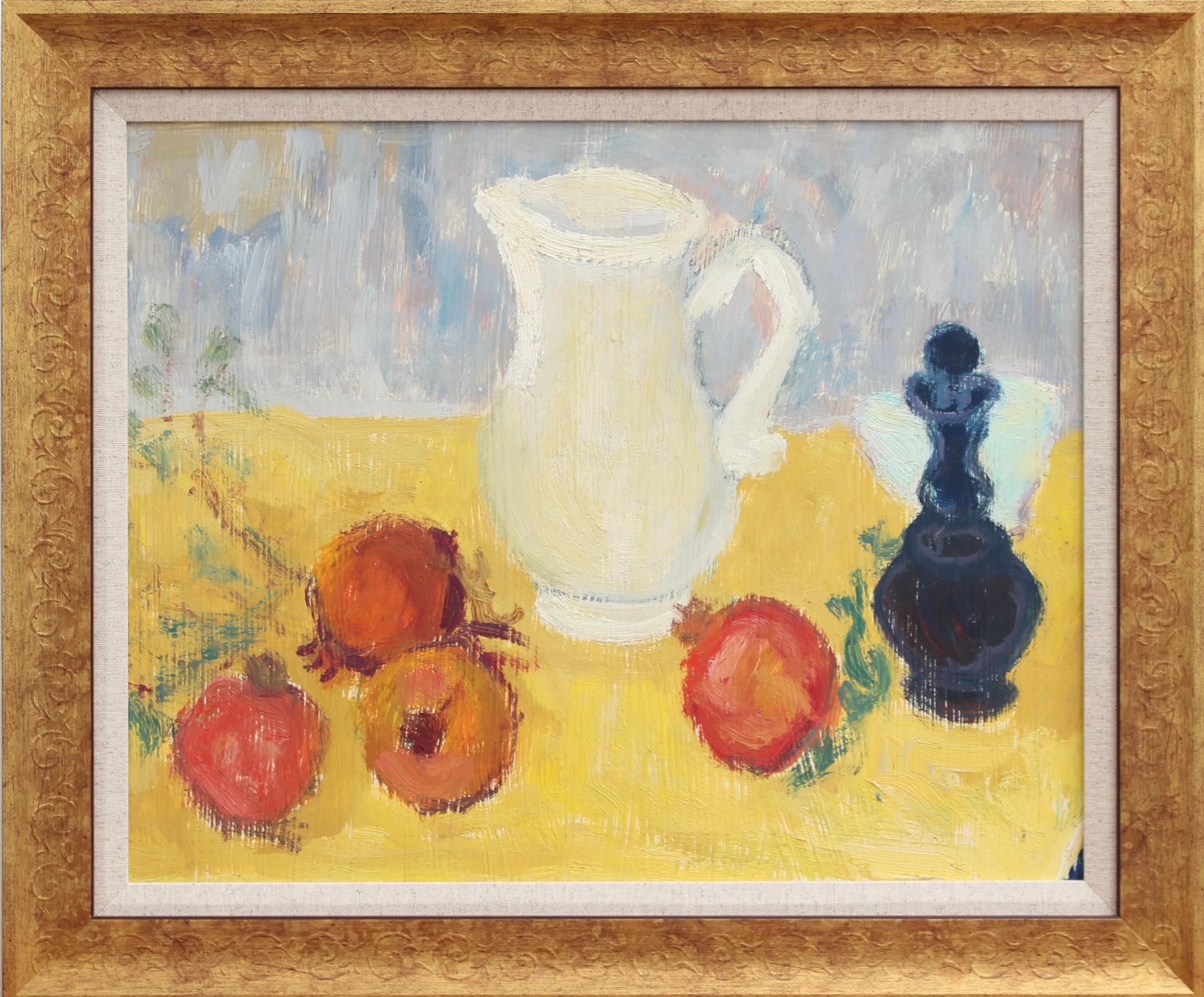 Still Life with White Pitcher and Fruit - Painting by Anna Costa