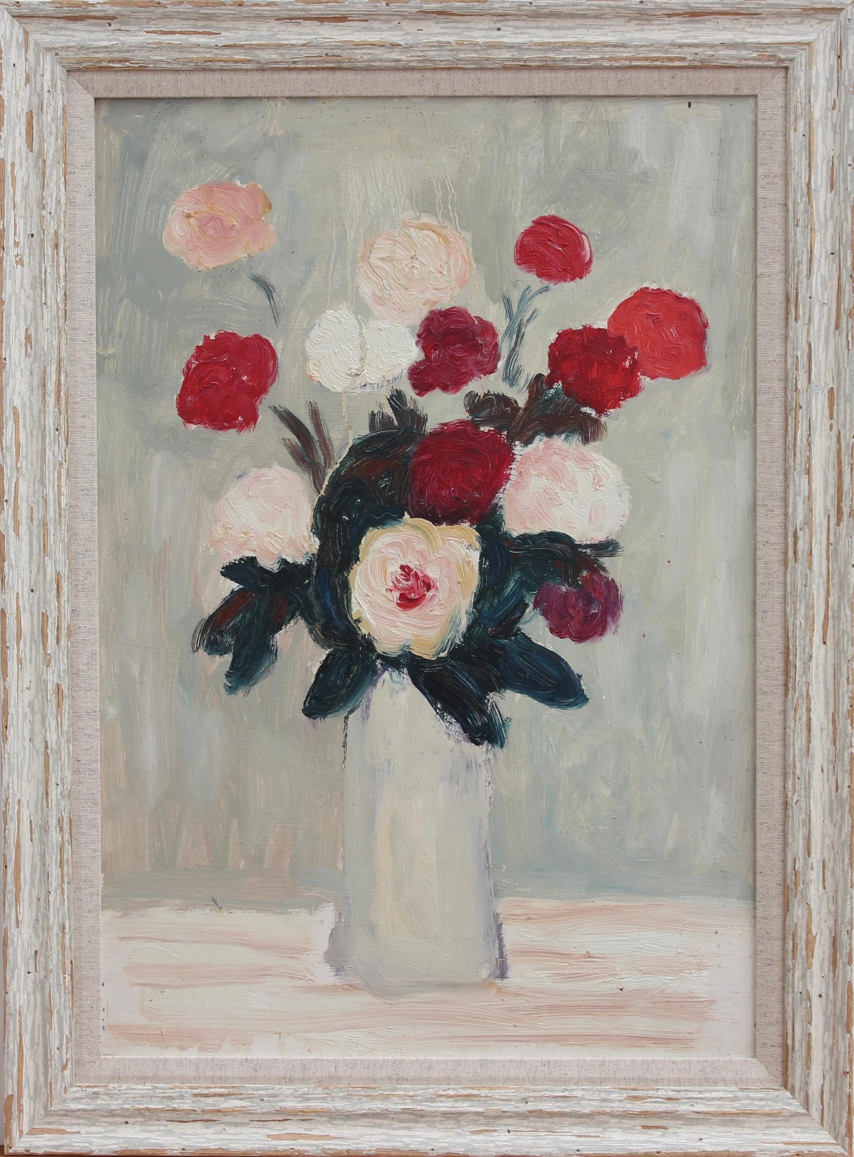 'Un Bouquet de Fleurs', oil on board, by Anna Costa (circa 1970s). In addition to her many landscapes, Costa painted many still lifes, mostly bouquets of flowers as subject. In this charming painting, the artist uses a virtual monochrome backdrop to