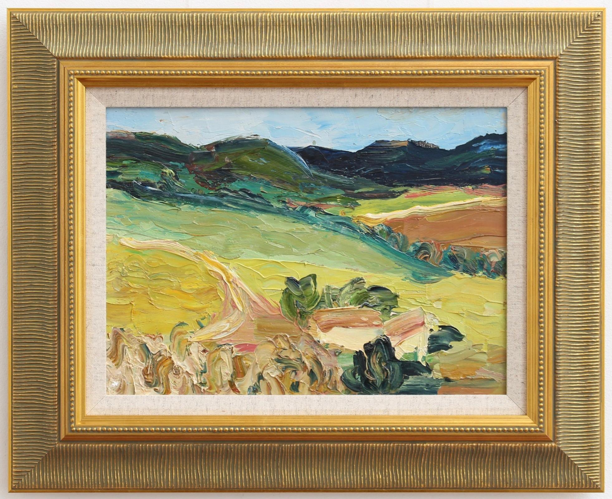 'Vista of Provence', oil on board, by Anna Costa (circa 1960s). This is a vibrant landscape painted by the artist in rich colours in an Impressionist style using a thick impasto technique. As a result, the hills appear to roll like waves in heavy
