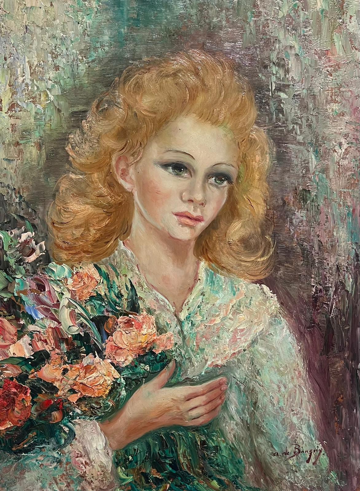 1950's French Post Impressionist Signed Oil Portrait of Young Lady with Flowers - Modern Painting by Anna de Banguy