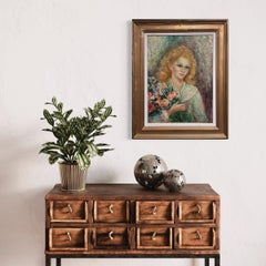 1950's French Post Impressionist Signed Oil Portrait of Young Lady with Flowers