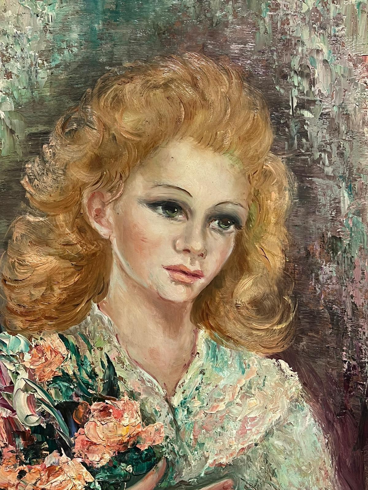 1950's French Post Impressionist Signed Oil Portrait of Young Lady with Flowers For Sale 6
