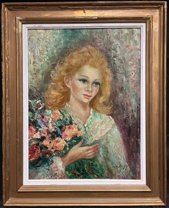 1950's Französisch Post Impressionist signiert Öl Porträt der jungen Dame mit Blumen