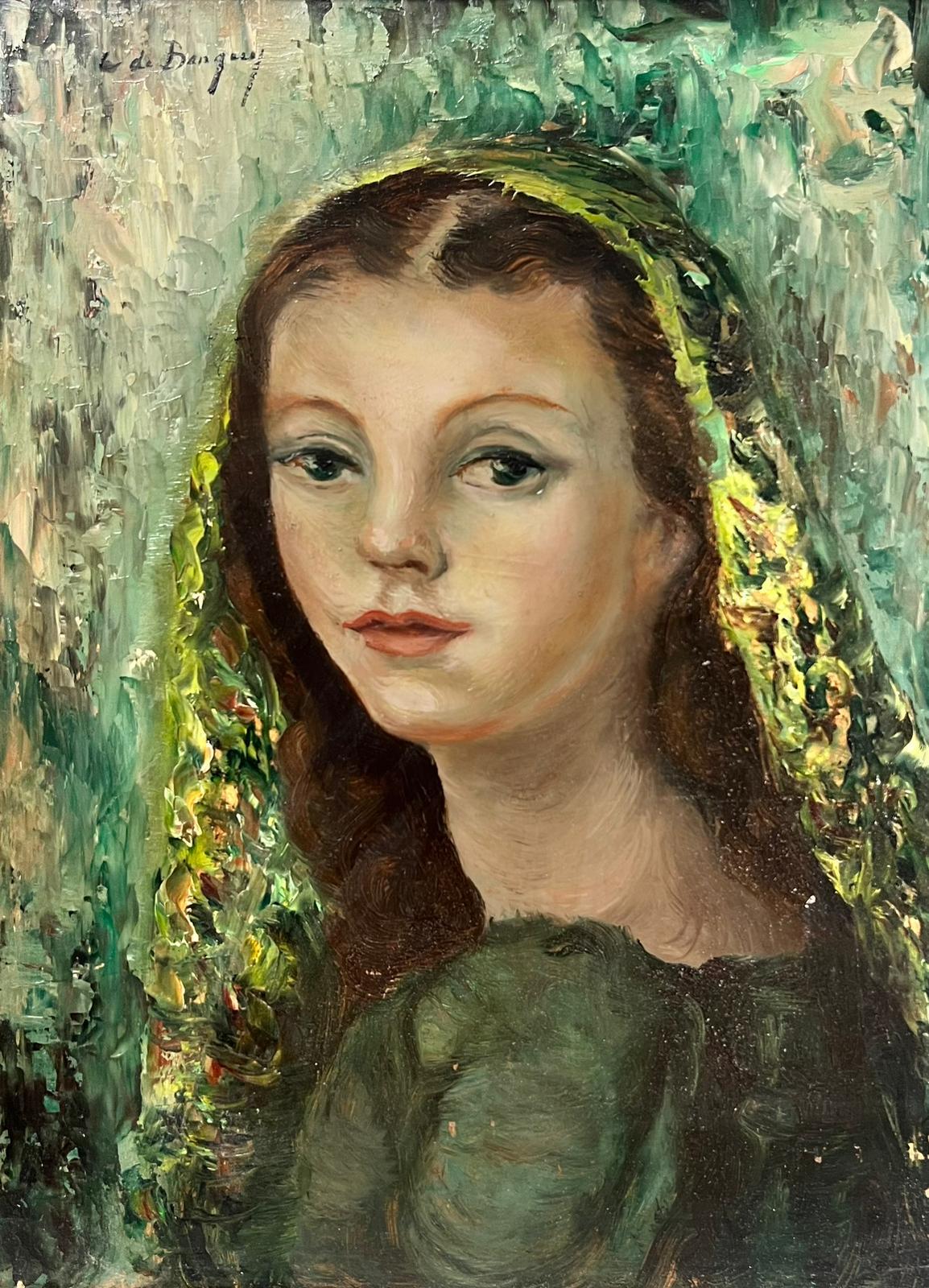Pittura ad olio modernista francese del 1960 firmata Ritratto di giovane ragazza Bella cornice - Painting di Anna de Banguy